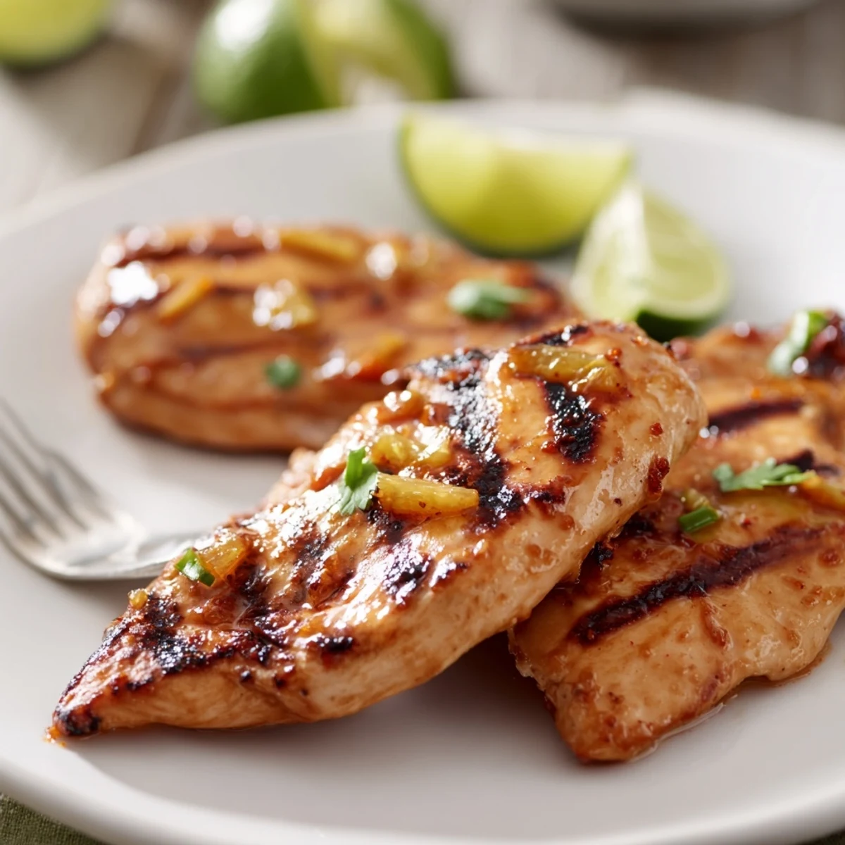 Key West Grilled Chicken With Tropical Citrus Marinade sizzling, charred edges, lime wedges.