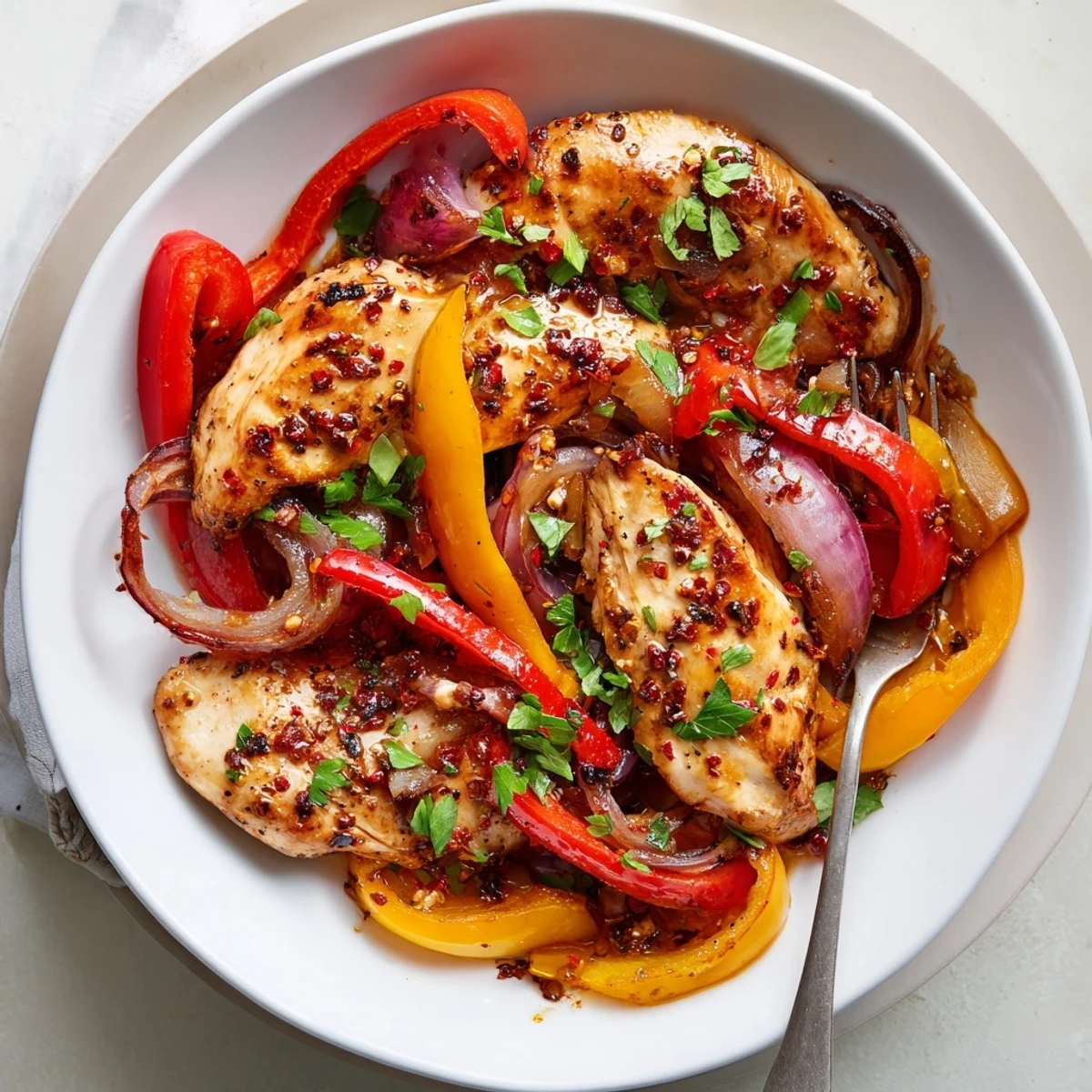 One Pan Chicken And Peppers sizzling golden, roasted peppers and garlicky juices