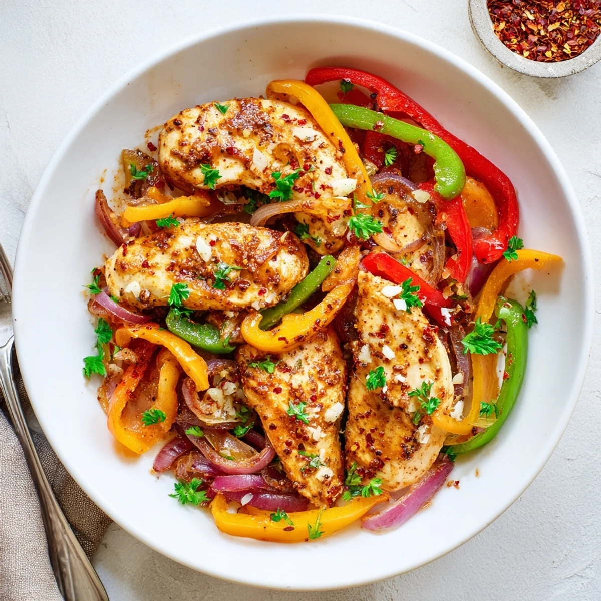 One Pan Chicken And Peppers with vibrant bell peppers, parsley garnish, steaming