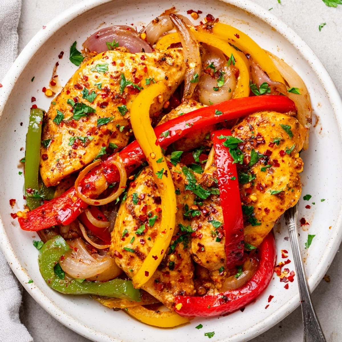 Weeknight One Pan Chicken And Peppers nestled in skillet, ready to serve