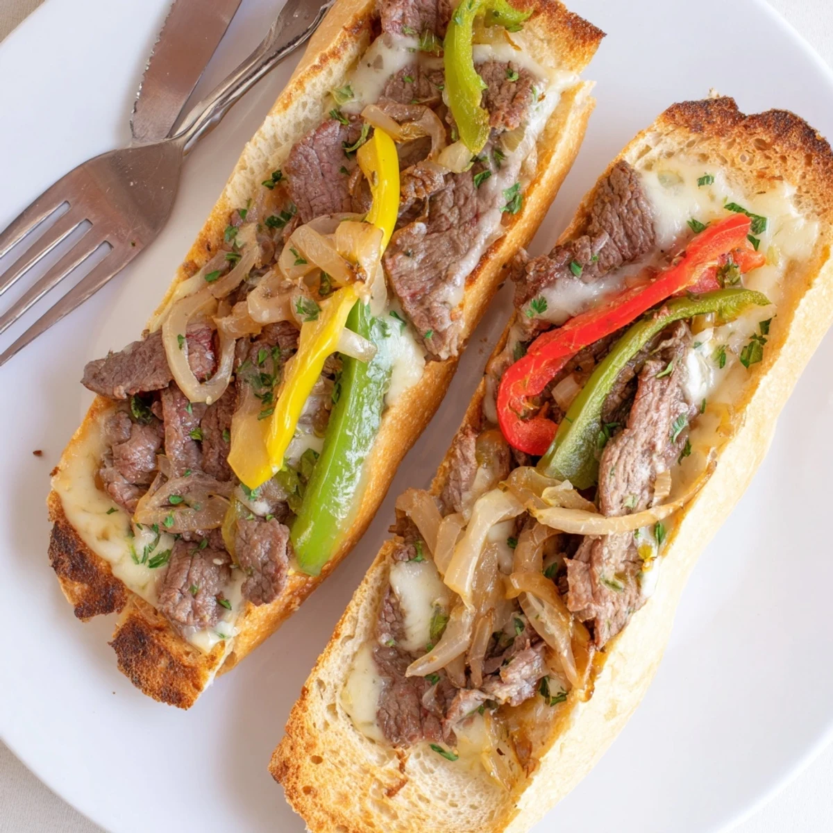 Philly Cheesesteak Garlic Bread topped with bubbling provolone, sizzling steak and peppers