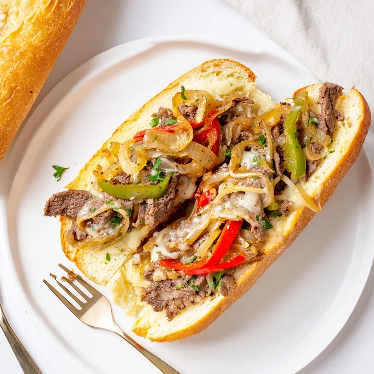 Golden Philly Cheesesteak Garlic Bread sliced for sharing, buttery garlic aroma inviting
