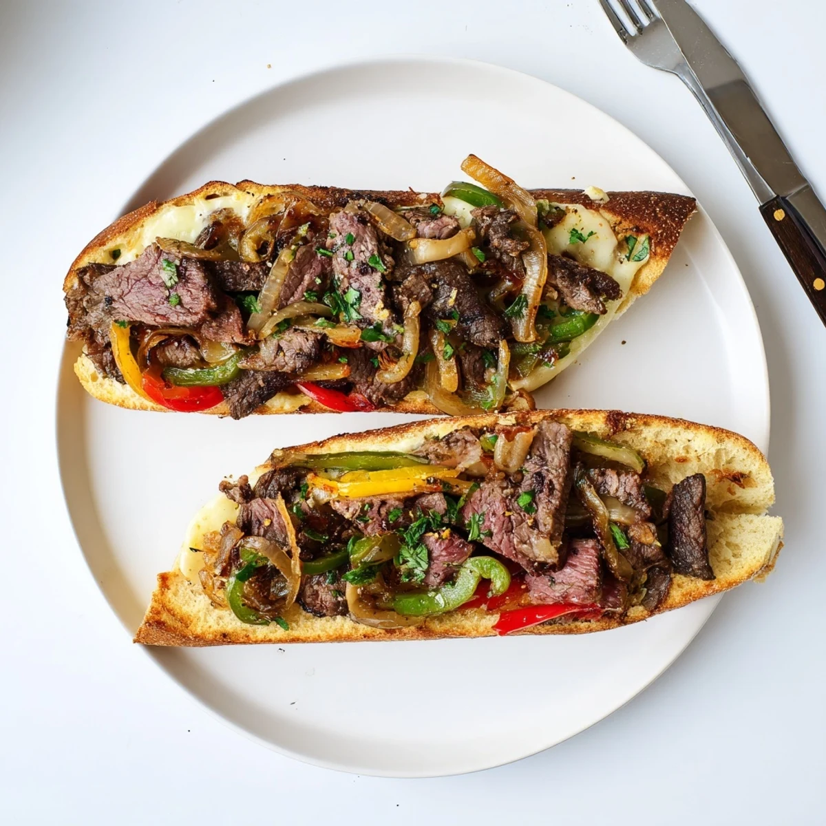 Oven-baked Philly Cheesesteak Garlic Bread with caramelized onions, crisp crust, parsley garnish