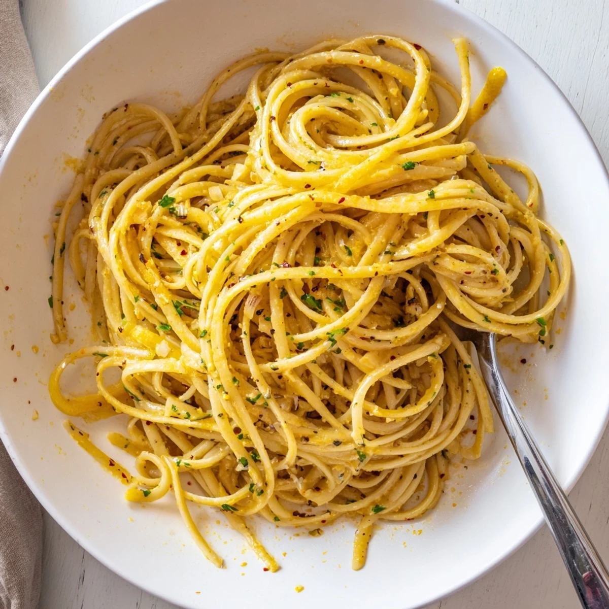 Cowboy Butter Pasta Recipe plated with shredded chicken option and fresh parsley