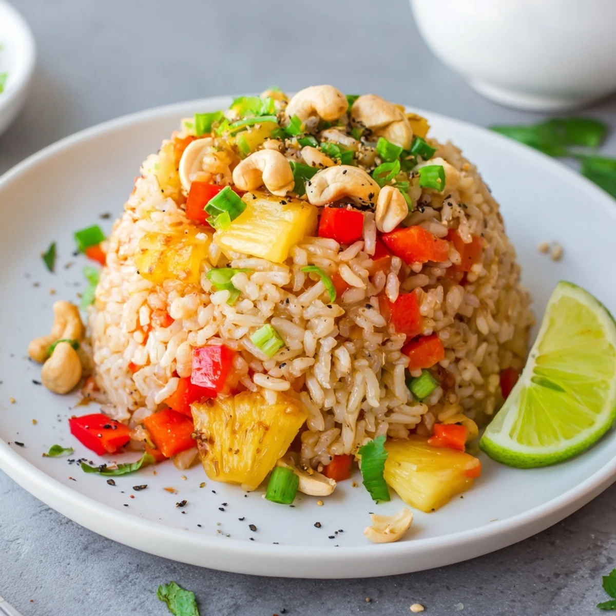 Bright Pineapple Rice tossed with cilantro, crunchy cashews, lime wedges