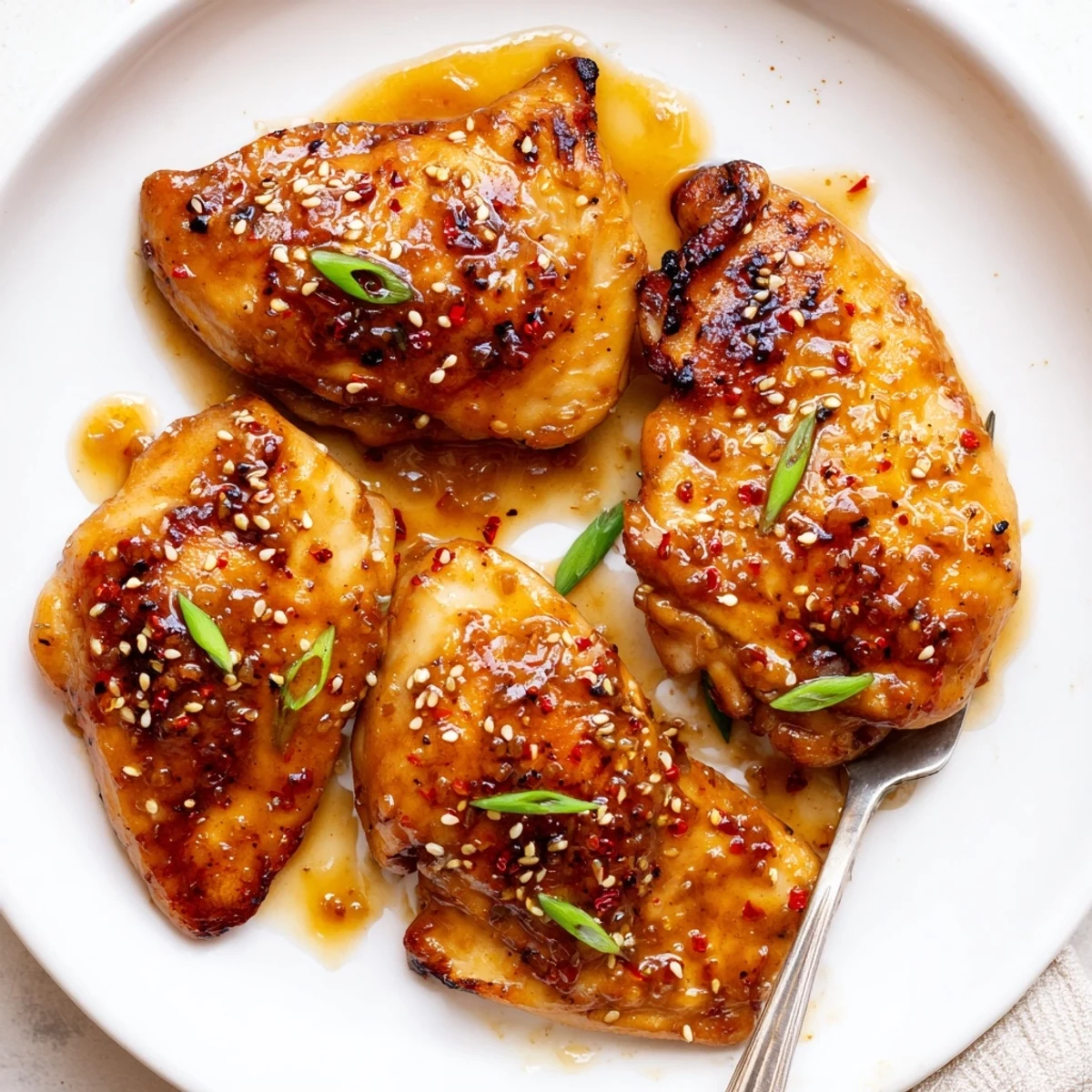 Sticky Sweet Savory Apricot Chicken glazed, glossy thighs over steamed rice, scallions.