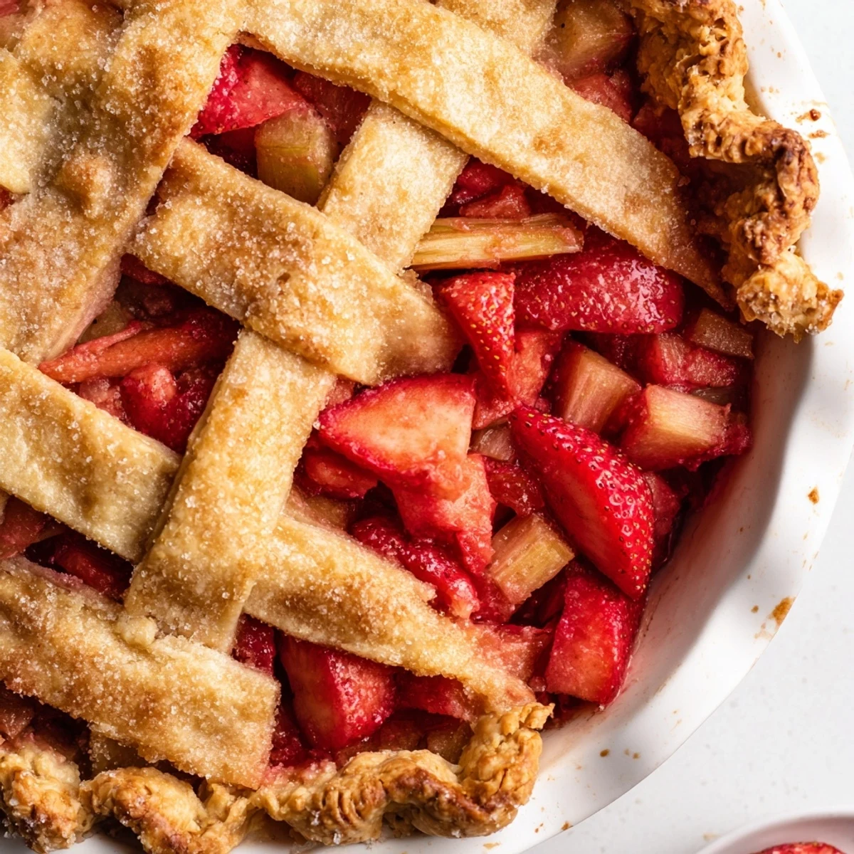 Gluten Free Strawberry Rhubarb Pie with bubbling ruby filling and golden crust.