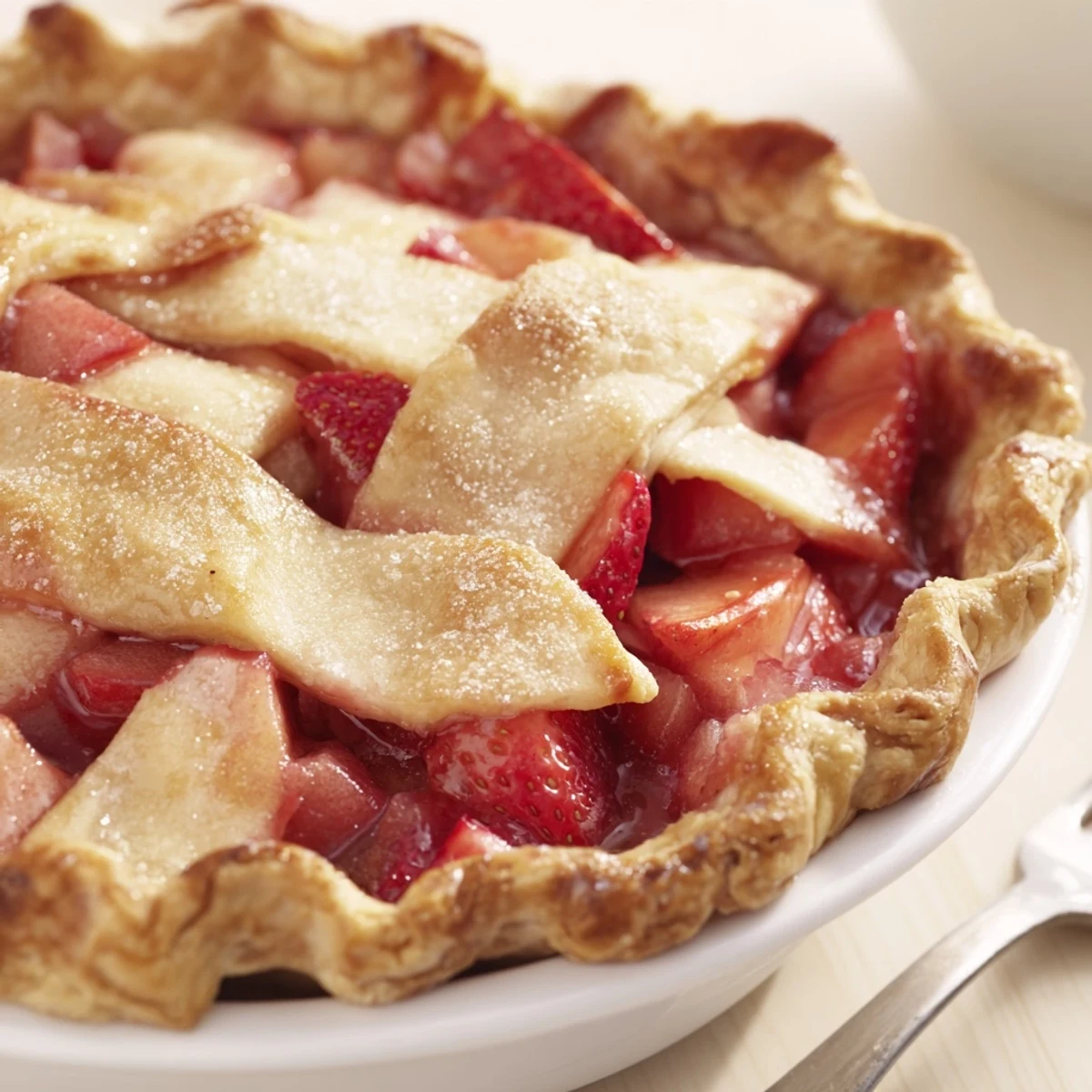 Slice of Gluten Free Strawberry Rhubarb Pie served warm with vanilla ice cream.