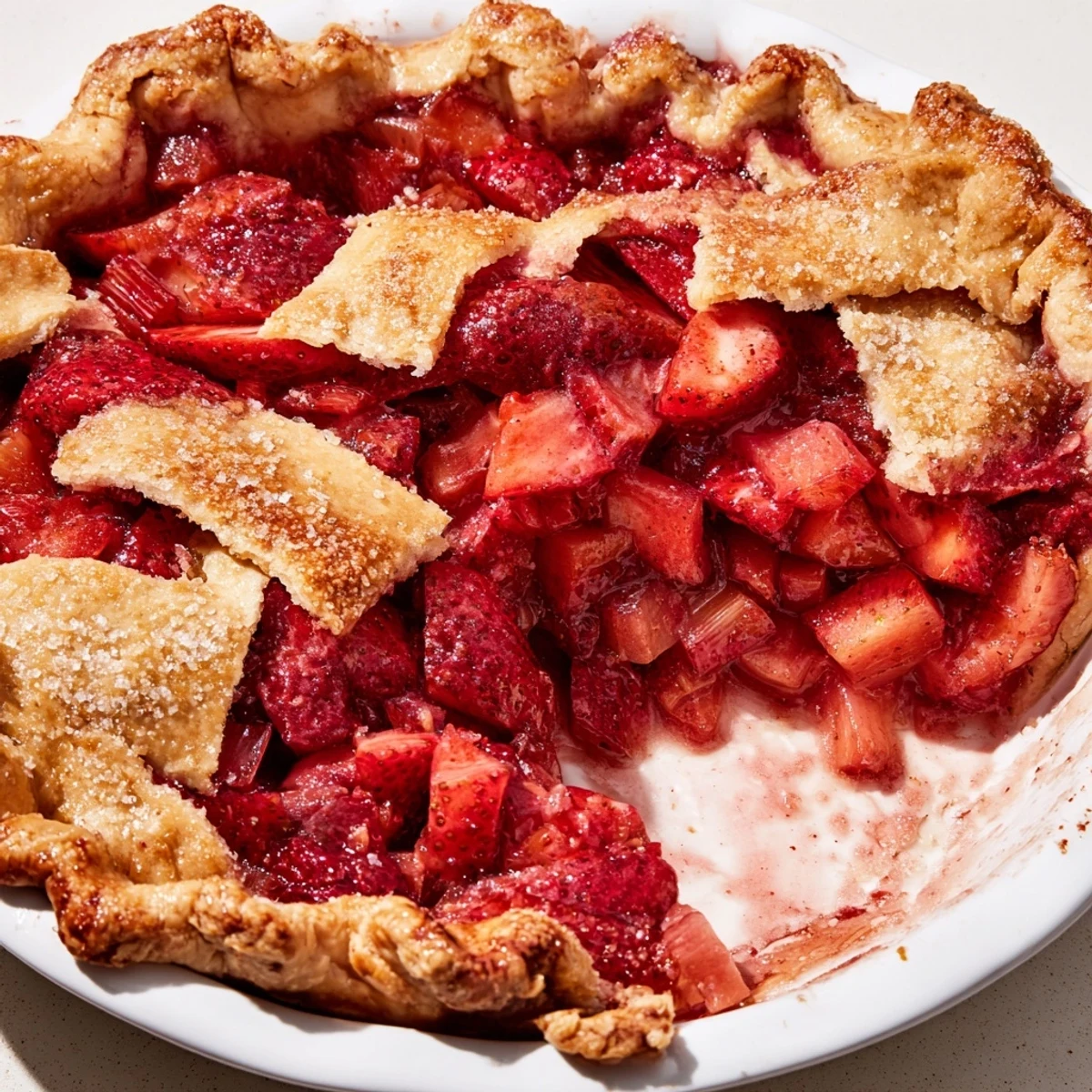 Gluten Free Strawberry Rhubarb Pie lattice topped, flaky crust, juicy red filling steaming.