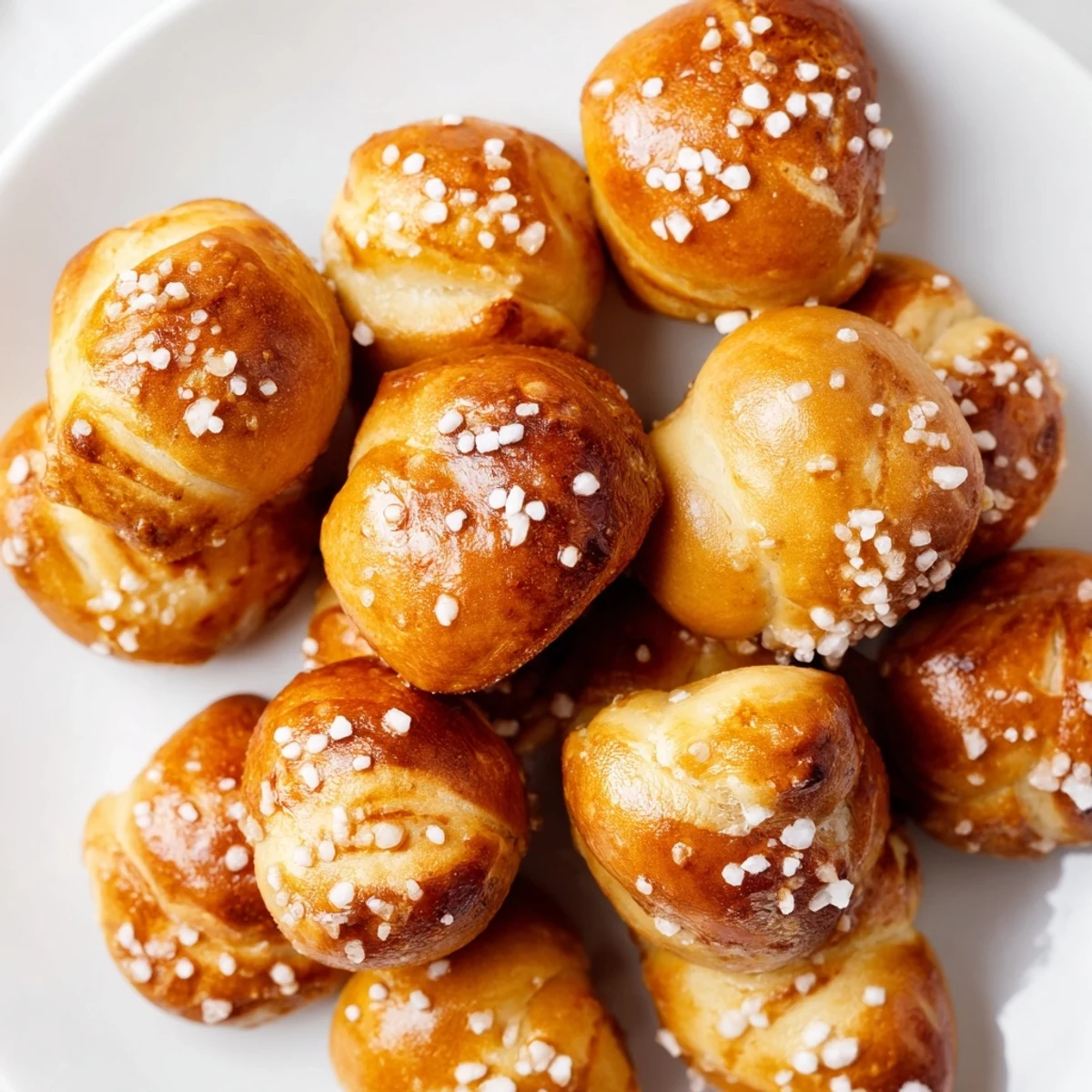 Golden brown homemade soft pretzel bites sprinkled with coarse salt on a wooden board