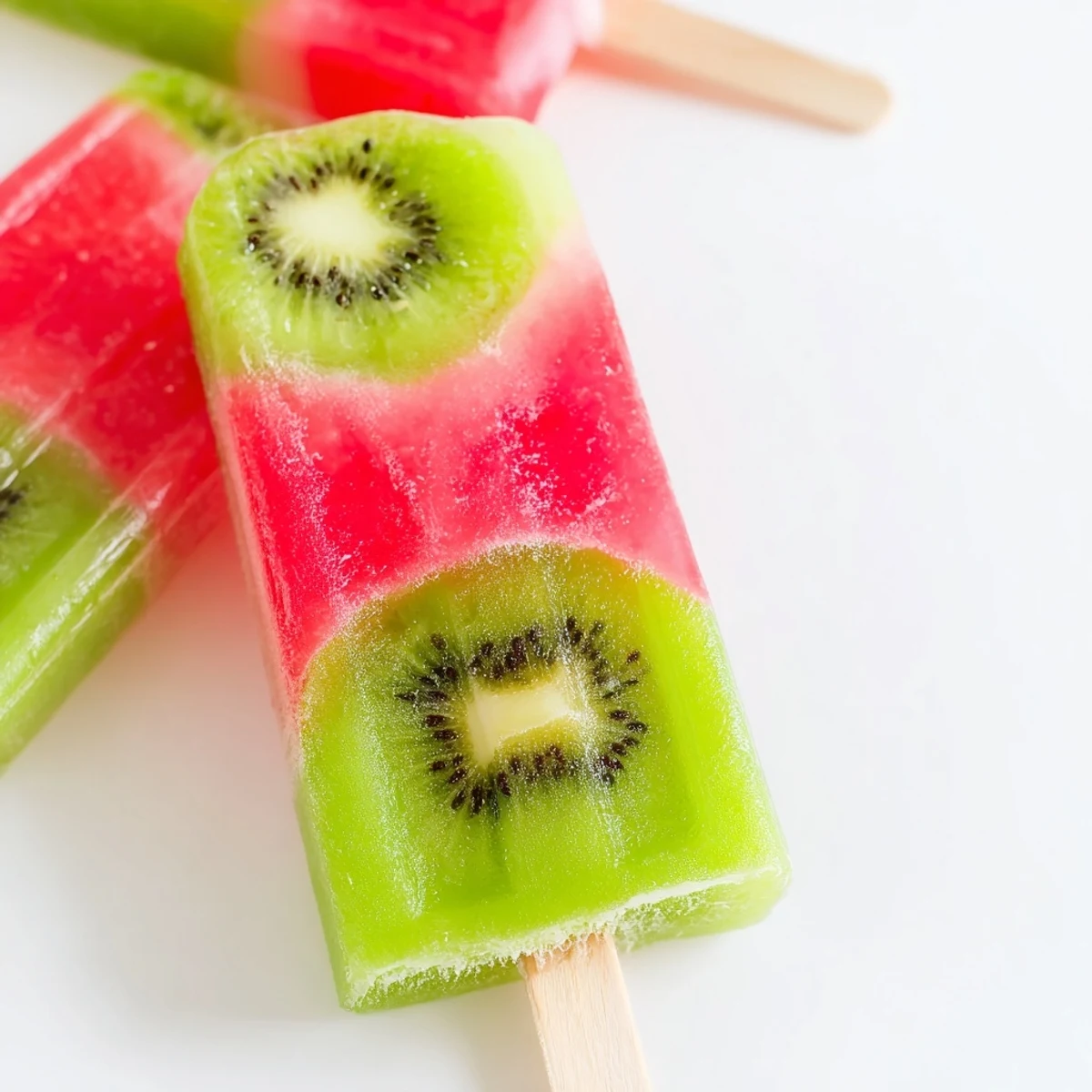 Refreshing watermelon kiwi fruit pops layered in popsicle molds with vibrant pink and green frozen swirls