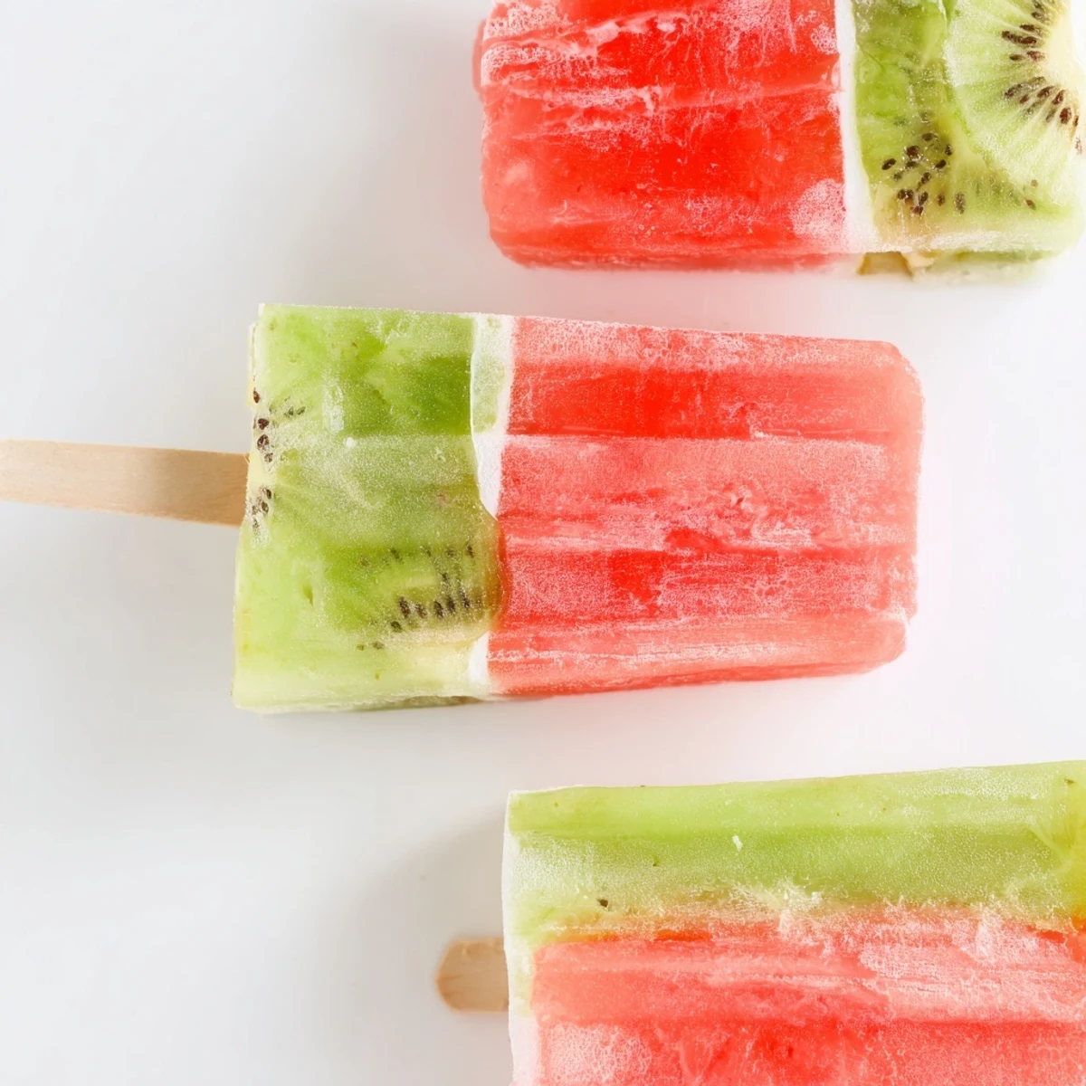 Colorful two-toned watermelon kiwi fruit popsicles showing distinct fruit layers on wooden sticks against a bright background