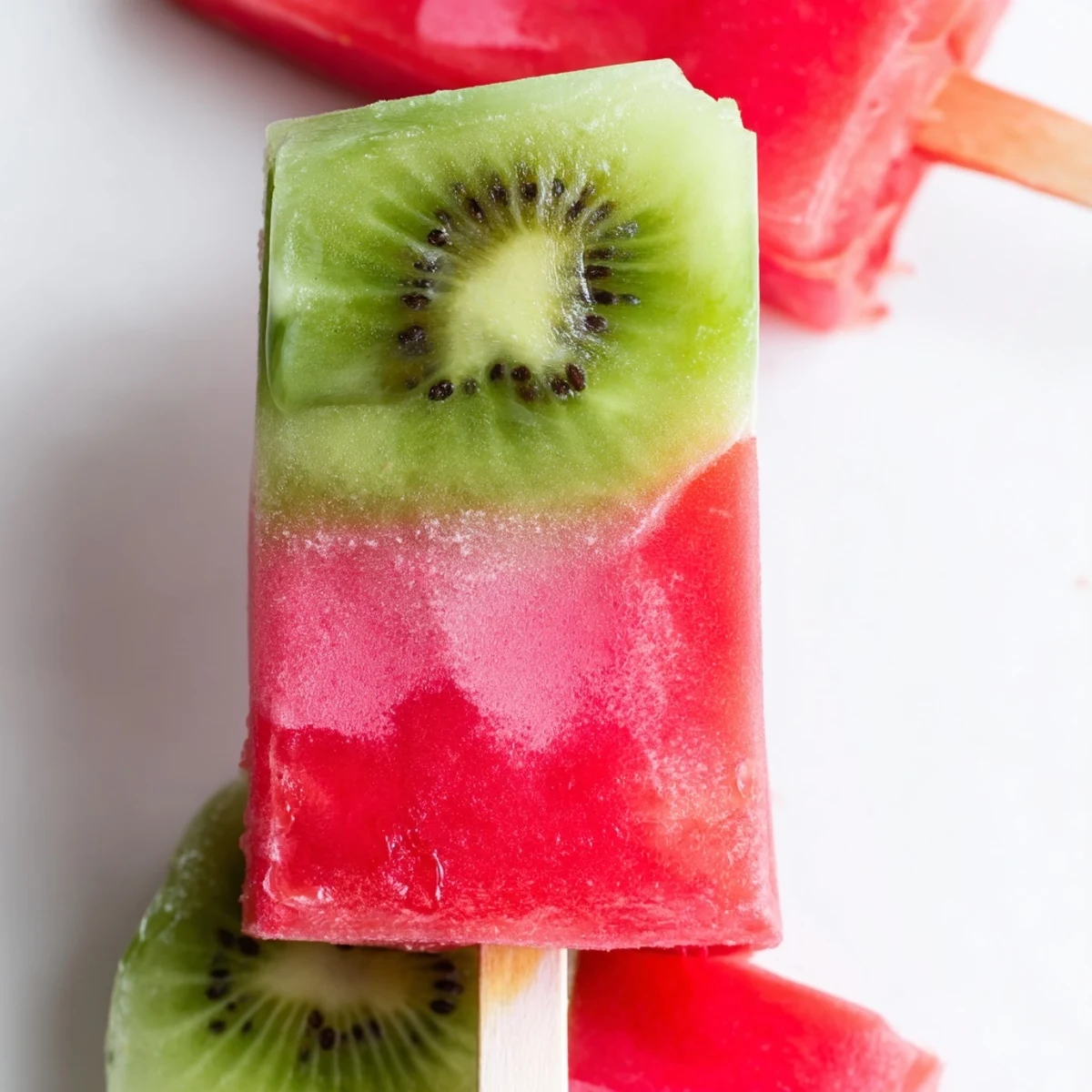 Homemade watermelon kiwi fruit pops with juicy frozen fruit textures perfect for cooling off on hot summer days