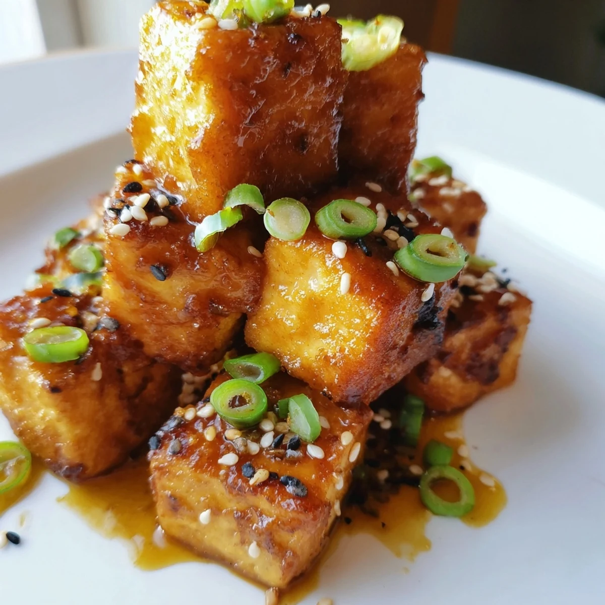 Pan-fried honey garlic tofu with crunchy coating and glossy glaze garnished with green onion slices