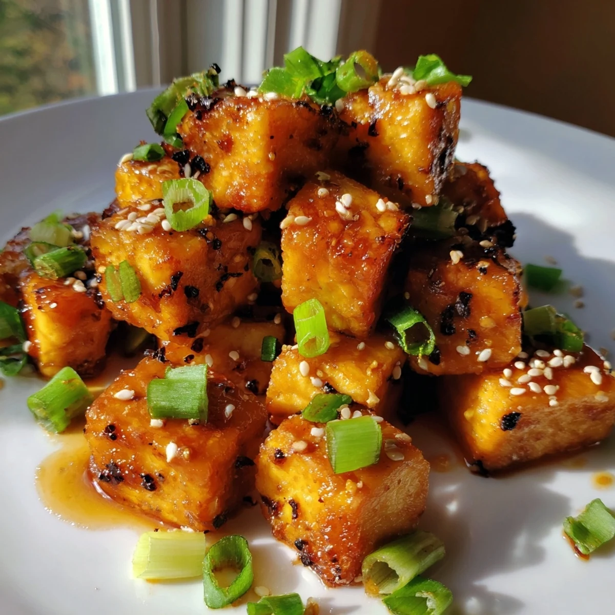 Golden crispy honey garlic tofu cubes glistening in sticky sweet sauce served over white rice