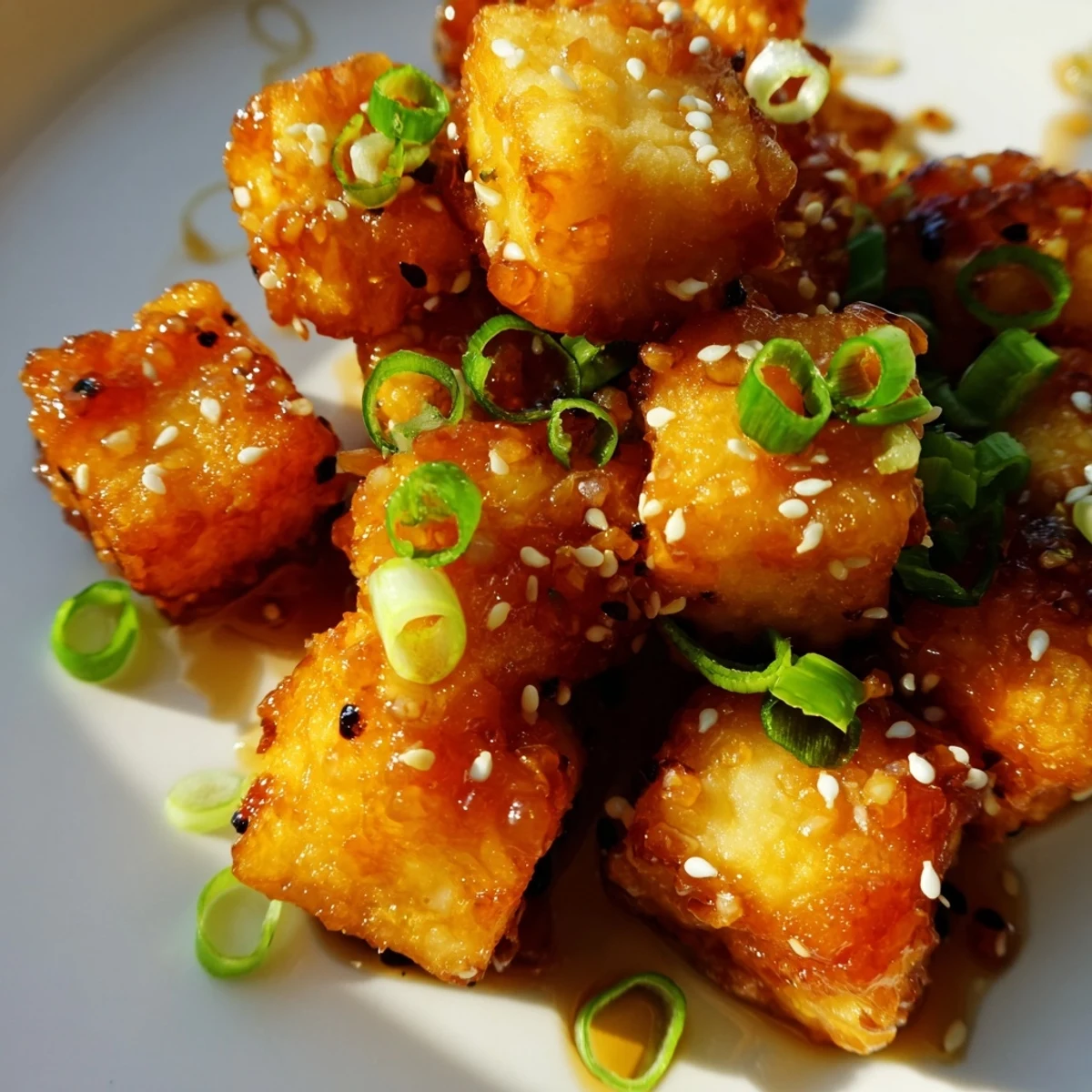 Vegetarian crispy honey garlic tofu in savory sauce topped with sesame seeds and fresh scallions