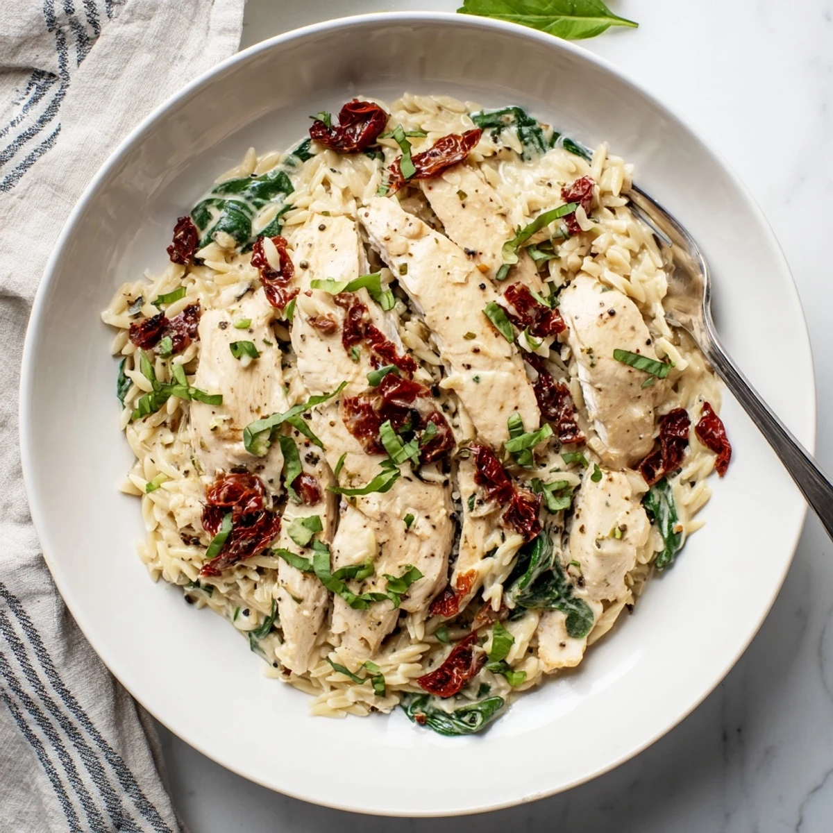 Golden sliced chicken breast served over sundried tomato orzo pasta with vibrant green spinach leaves