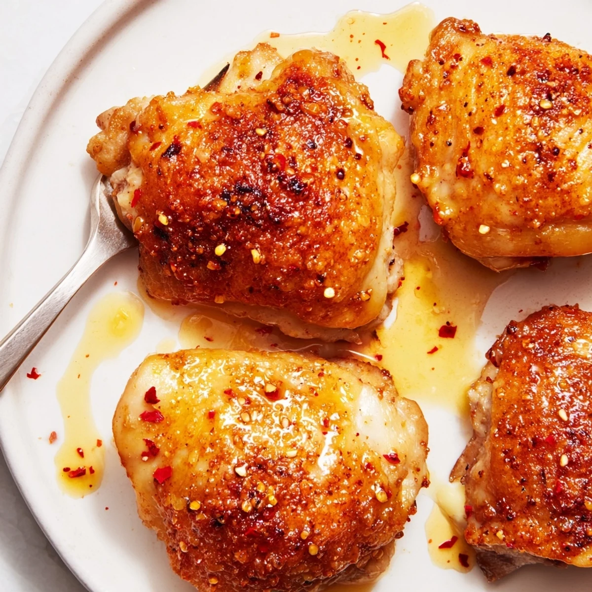 Spicy Honey Butter Fried Chicken glistening with amber glaze, crispy golden skin.