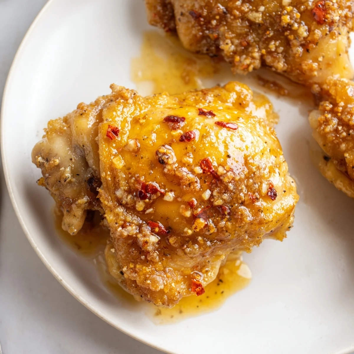 Crisp-crusted Spicy Honey Butter Fried Chicken, juicy interior, glossy honey butter glaze.