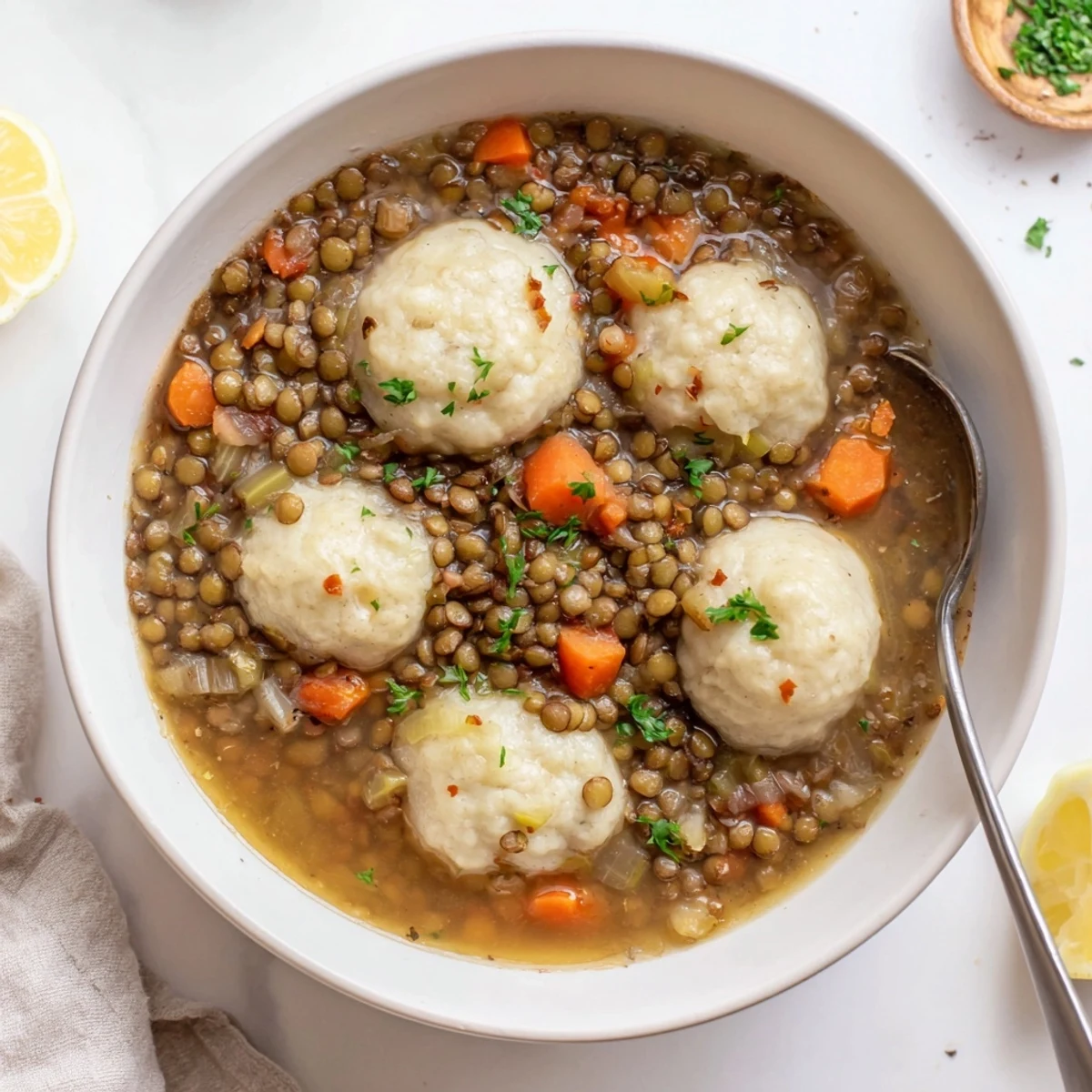 Lentils With Dumplings simmering in a savory broth, topped with pillowy rounds
