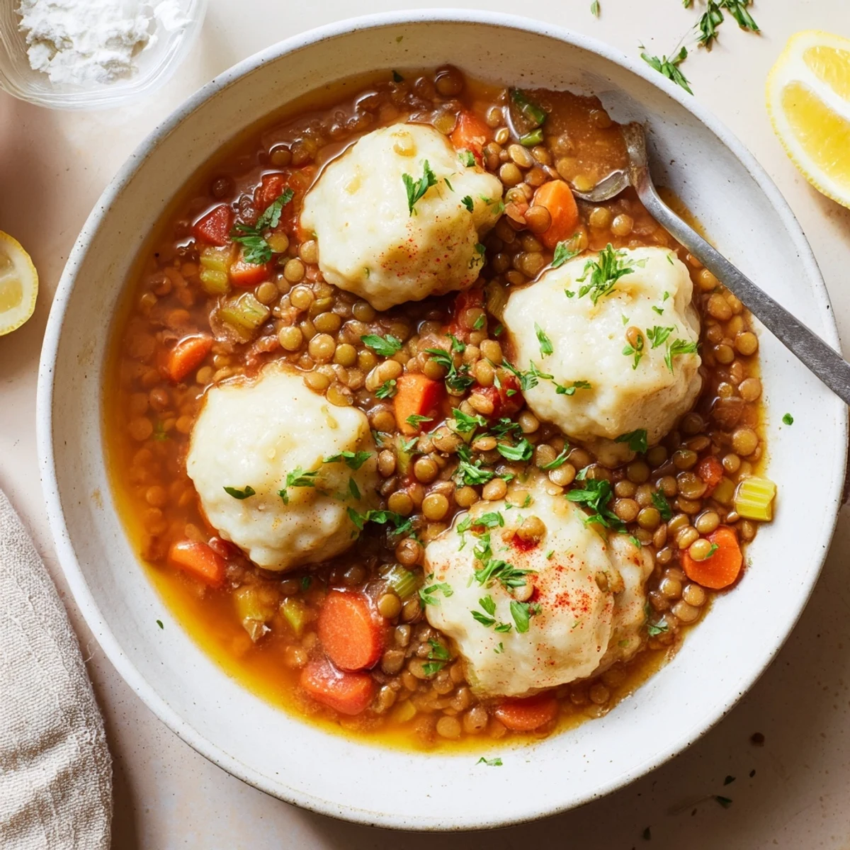 Hearty bowl of Lentils With Dumplings, earthy lentils and aromatic herbs steaming