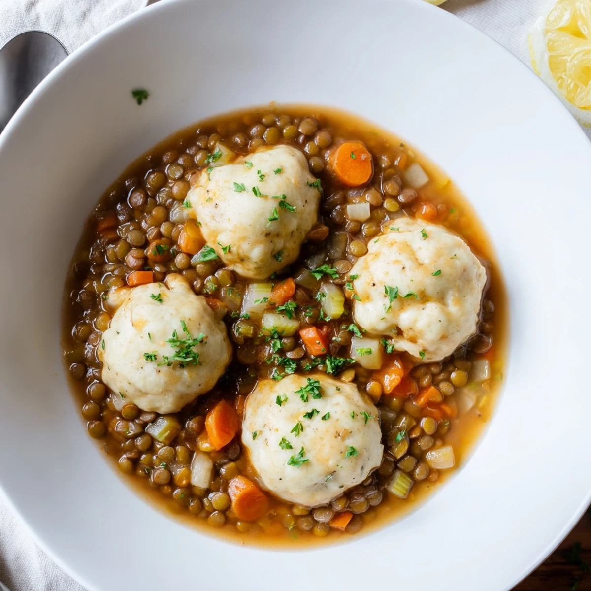 Fresh parsley and lemon wedge beside Lentils With Dumplings, spoon poised for serving