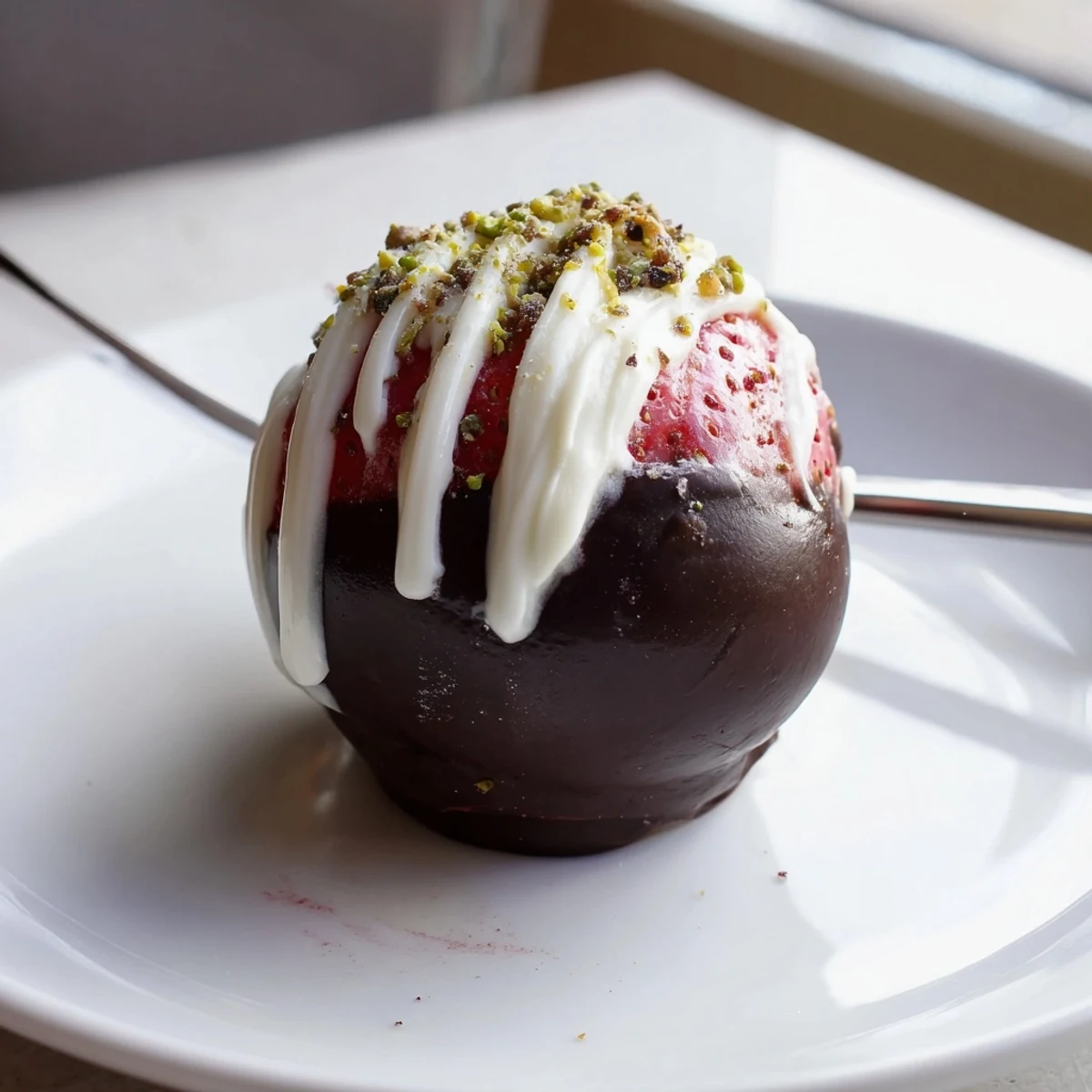 Close-up of Strawberry Bombs: glossy chocolate-coated berries with creamy filling, chilled