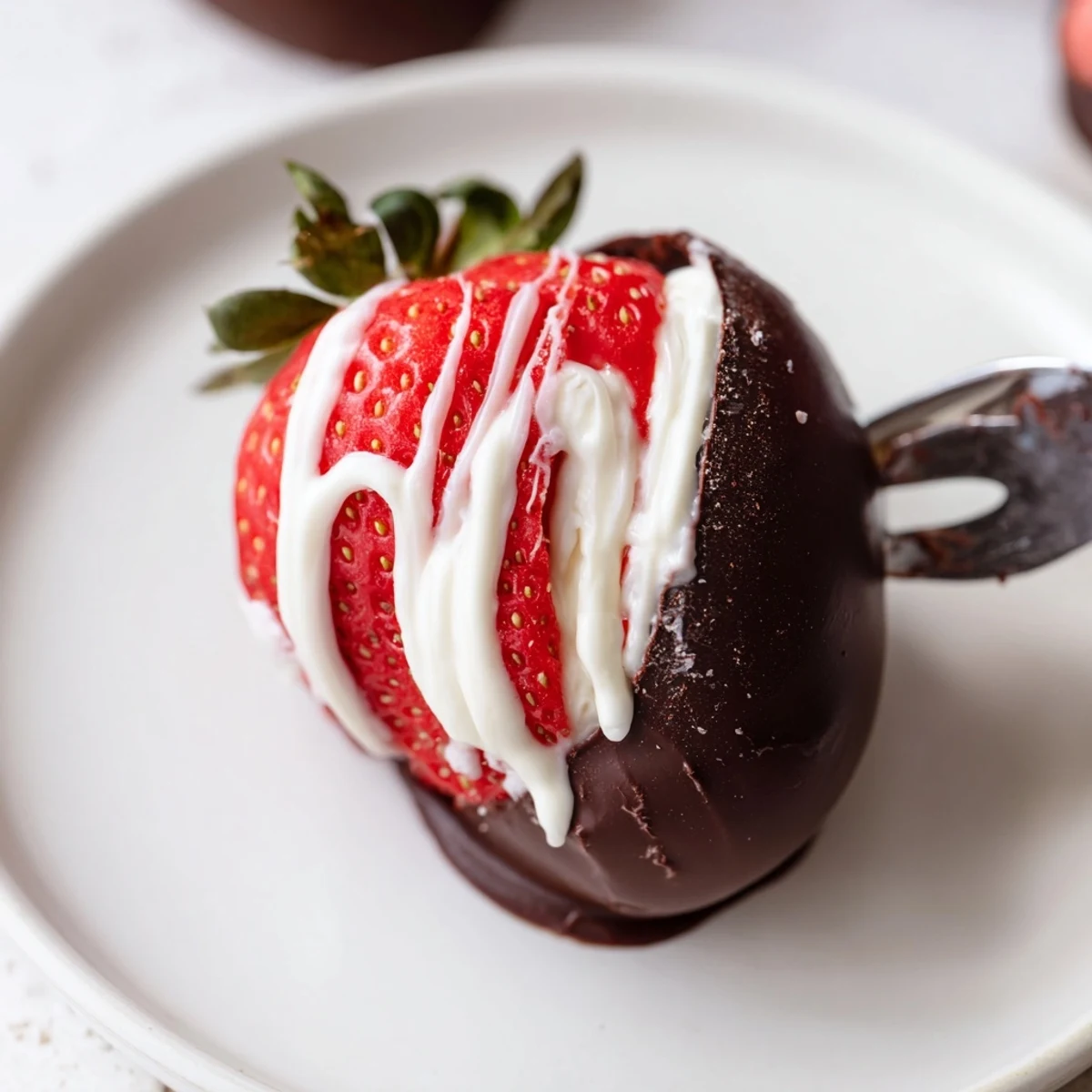 Hand holds Strawberry Bombs, revealing creamy center and melted chocolate drizzle