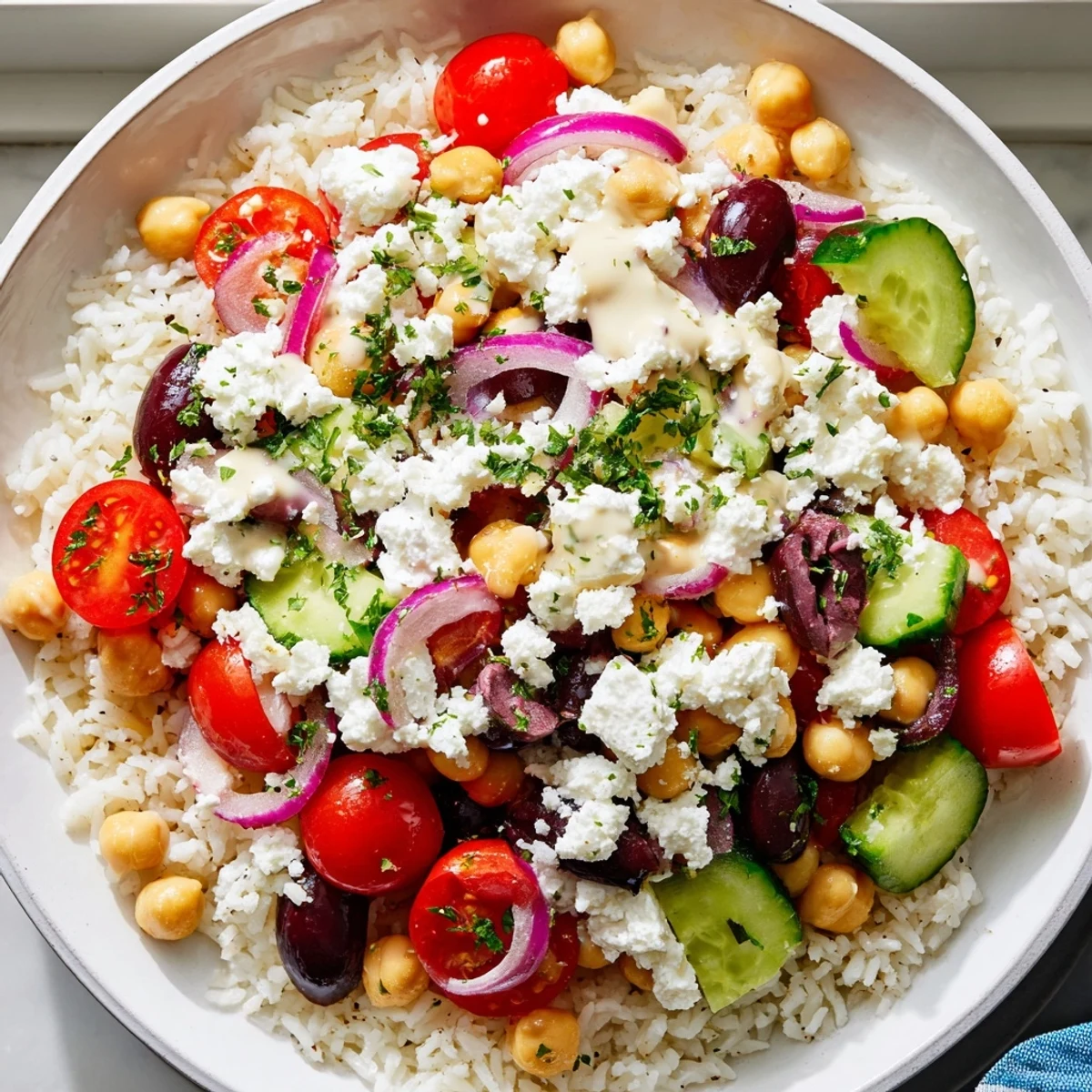 Colorful Mediterranean Rice Bowl topped with crisp vegetables, creamy feta, and golden chickpeas