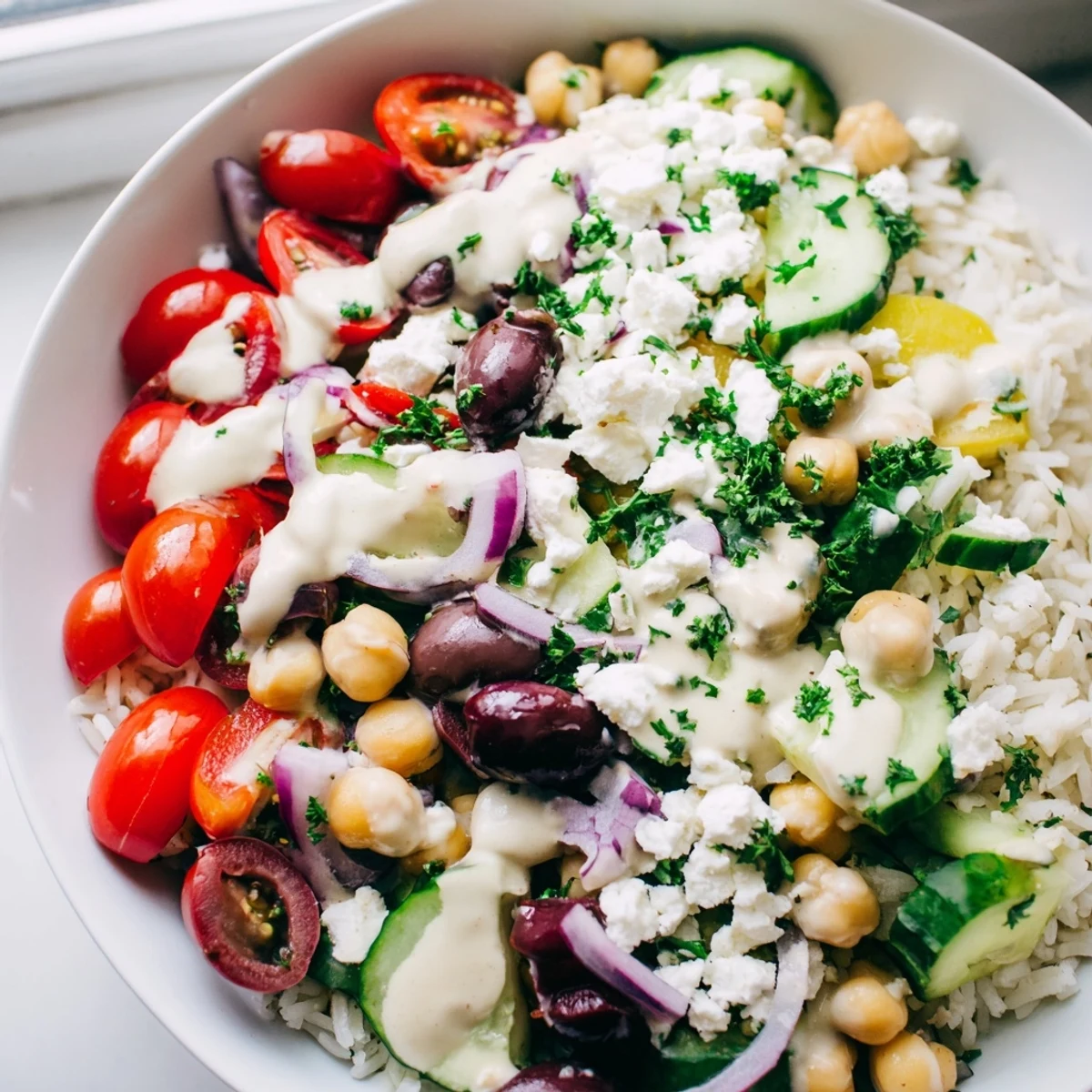 Steaming Mediterranean Rice Bowl drizzled with smooth lemon-tahini dressing and fresh parsley