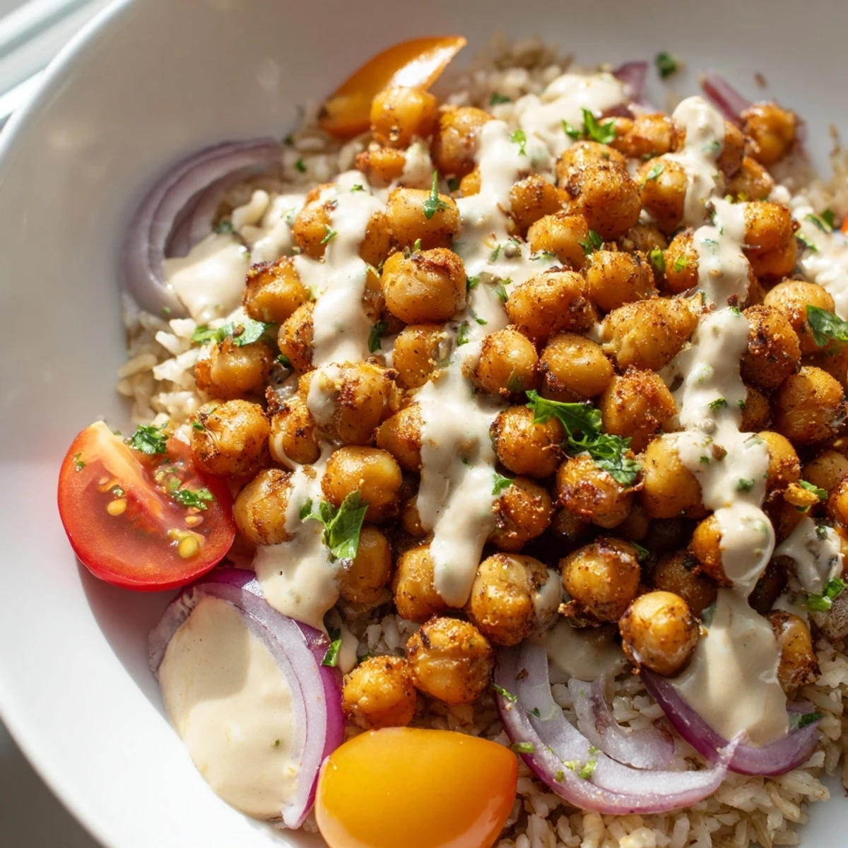 Crispy spiced chickpea shawarma bowl drizzled with creamy tahini over brown rice and fresh vegetables