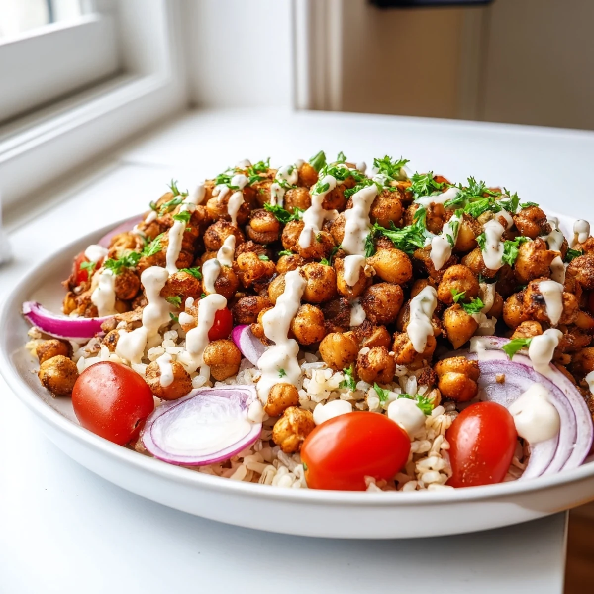 Colorful chickpea shawarma bowl featuring golden roasted chickpeas, cherry tomatoes, cucumber, and tangy tahini sauce