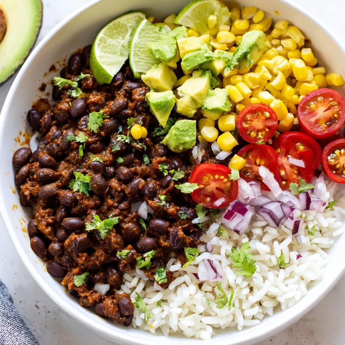 Colorful black bean and rice bowl topped with avocado, tomatoes, and fresh cilantro