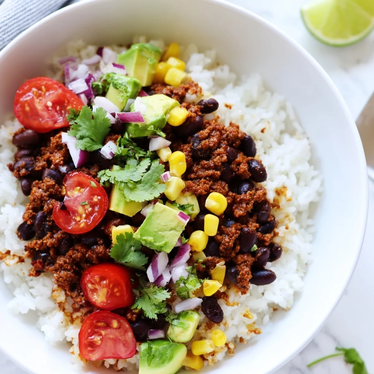 Hearty black bean and rice bowl garnished with corn, lime wedges, and diced avocado
