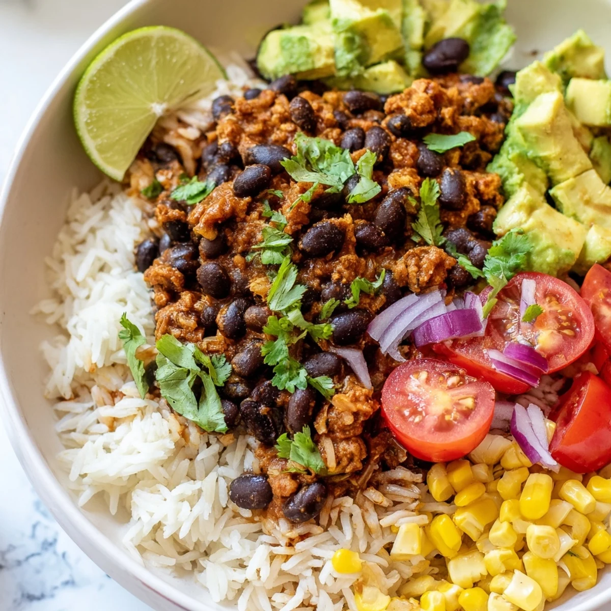 Steaming black bean and rice bowl served with vibrant cherry tomatoes and scattered cilantro