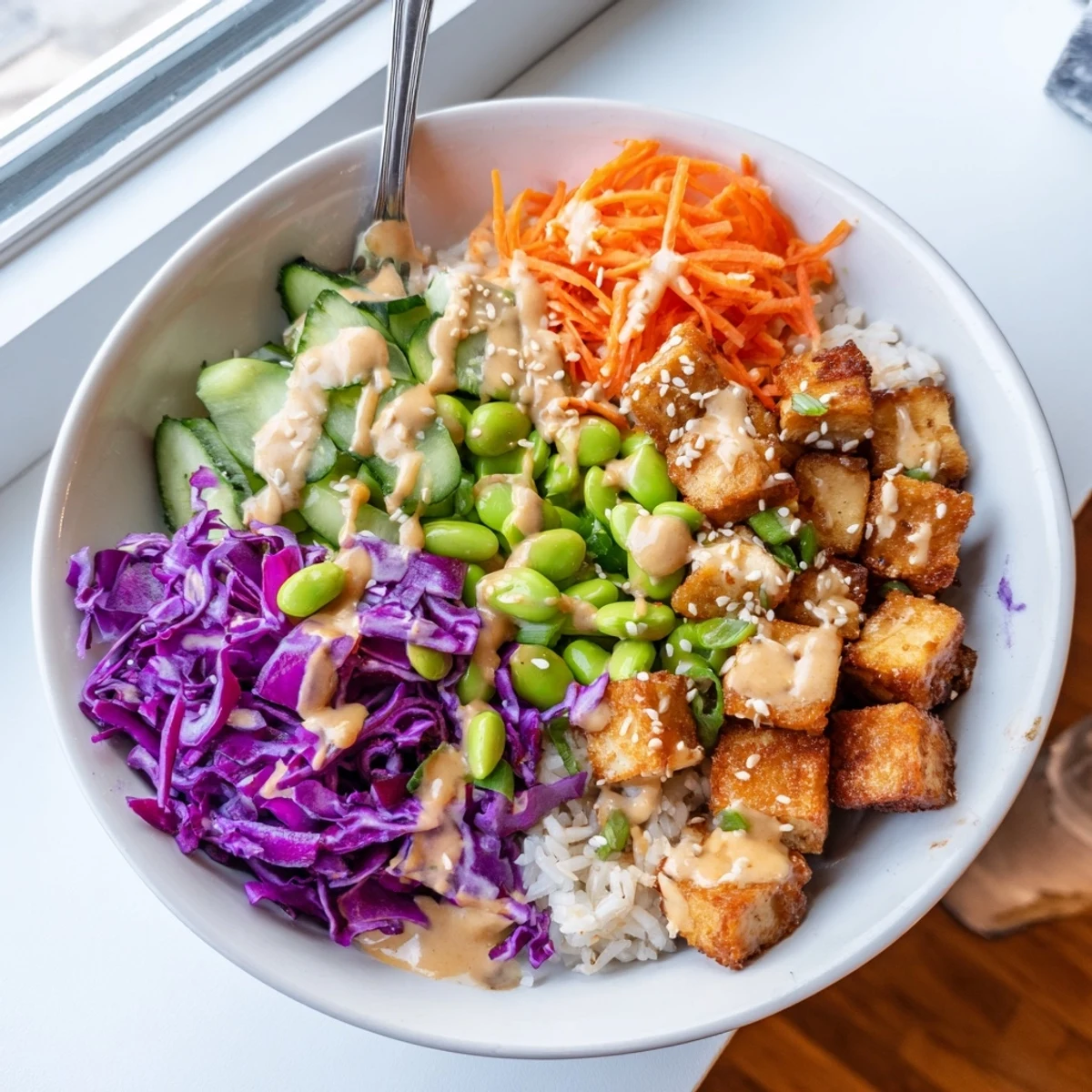 Crispy golden tofu rice bowl with peanut sauce drizzled over colorful fresh vegetables
