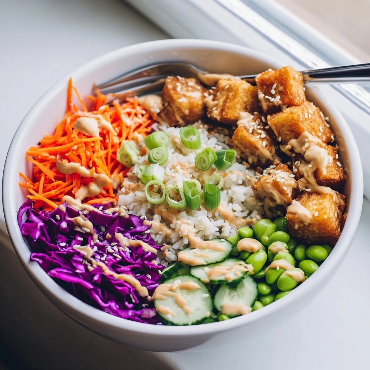 Tofu rice bowl with peanut sauce featuring shredded cabbage, carrot, and tender edamame