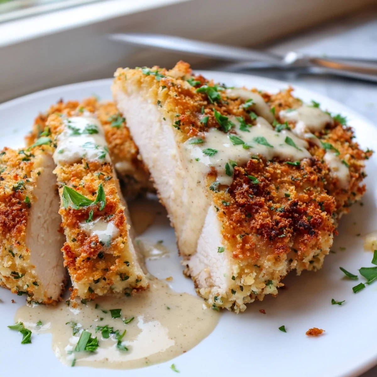 Golden crispy Parmesan chicken breast smothered in rich, velvety garlic cream sauce on a white plate