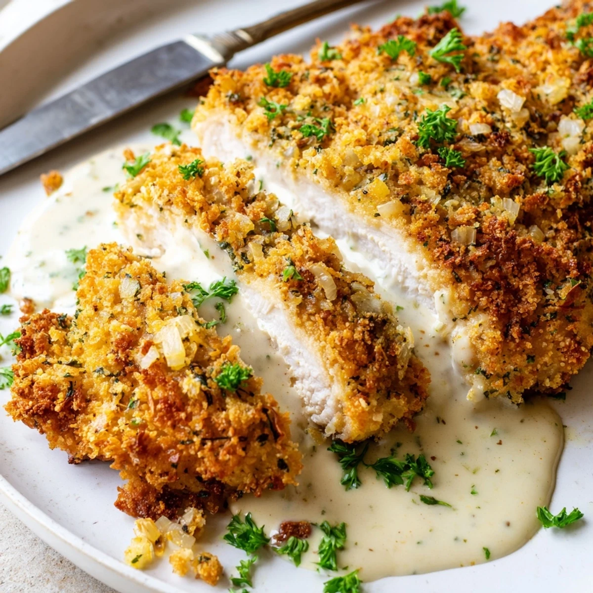 Crispy Parmesan chicken with creamy garlic sauce served over buttery mashed potatoes with fresh parsley