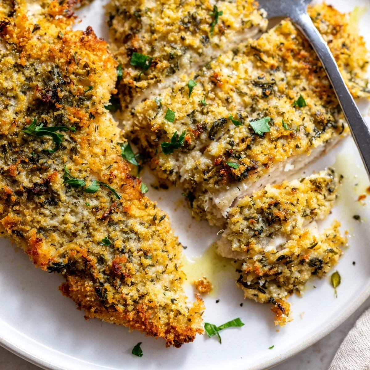 Golden baked Savory Herbed Parmesan Chicken with crispy herb crust on a rustic baking sheet