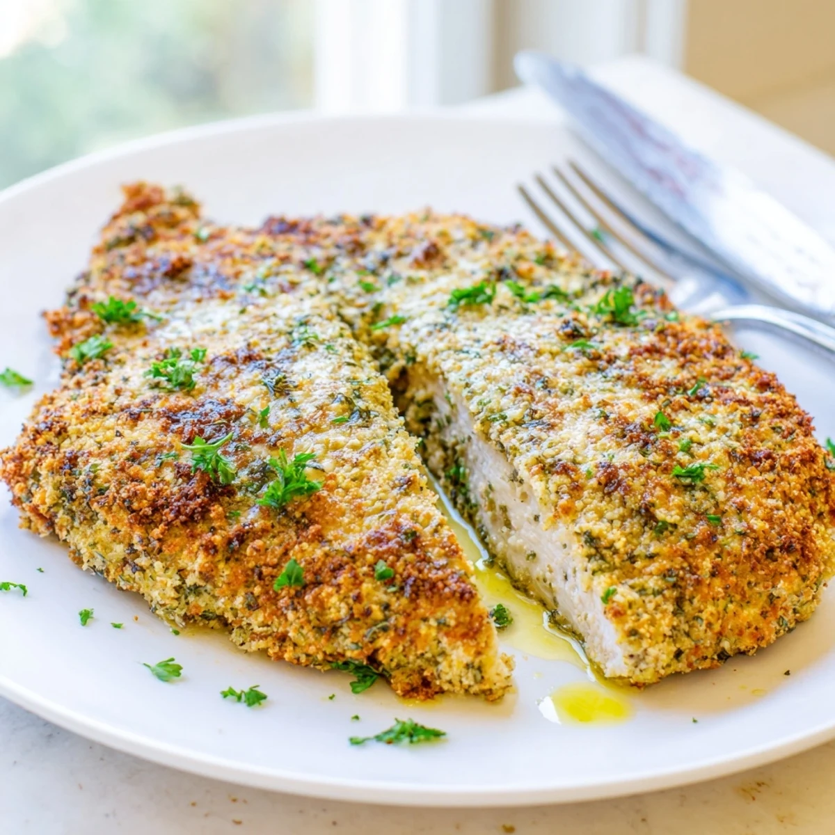 Juicy Savory Herbed Parmesan Chicken plated with fresh parsley and bright lemon wedges