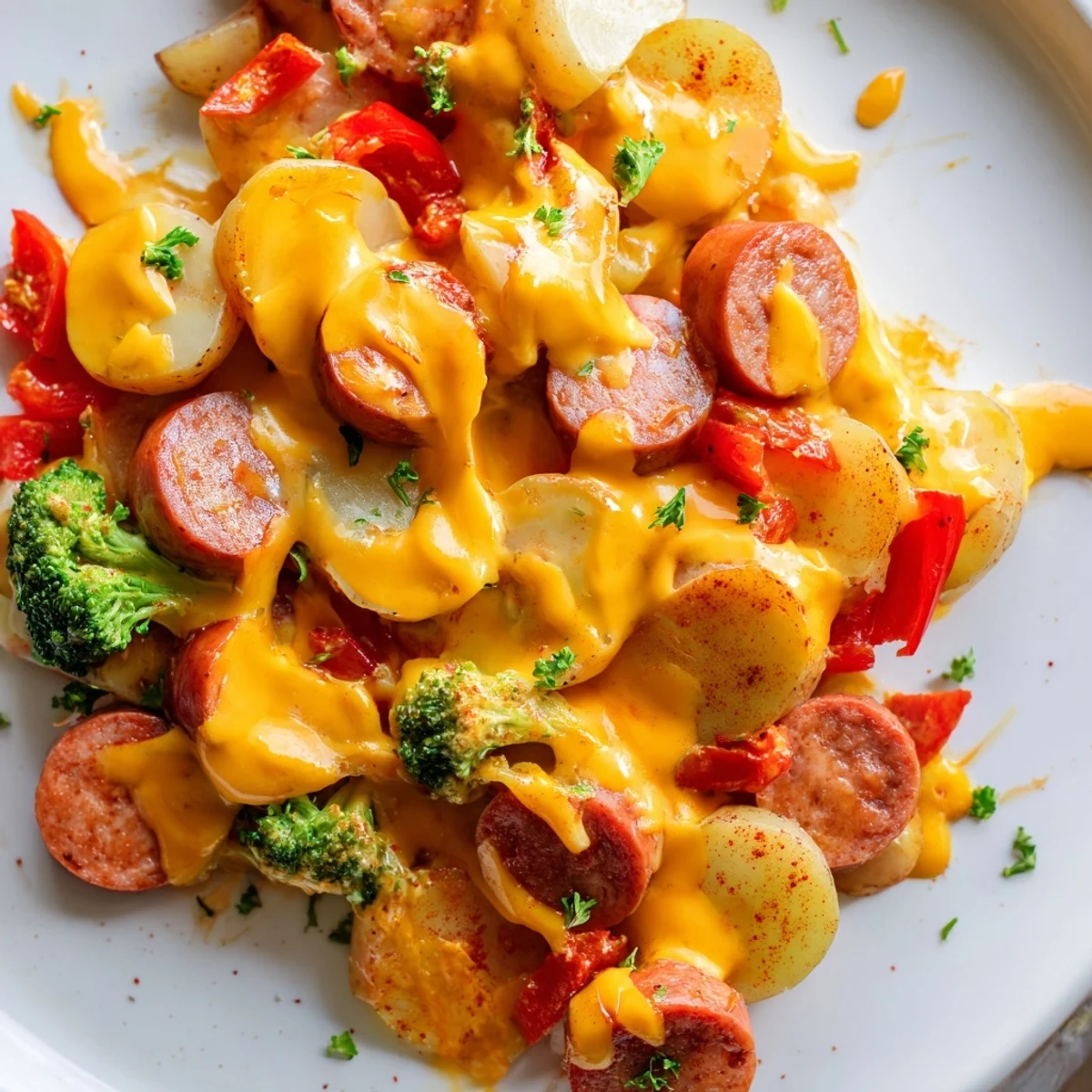 Cheesy Kielbasa Skillet bubbling with melted cheddar, smoky sausage, and tender potatoes