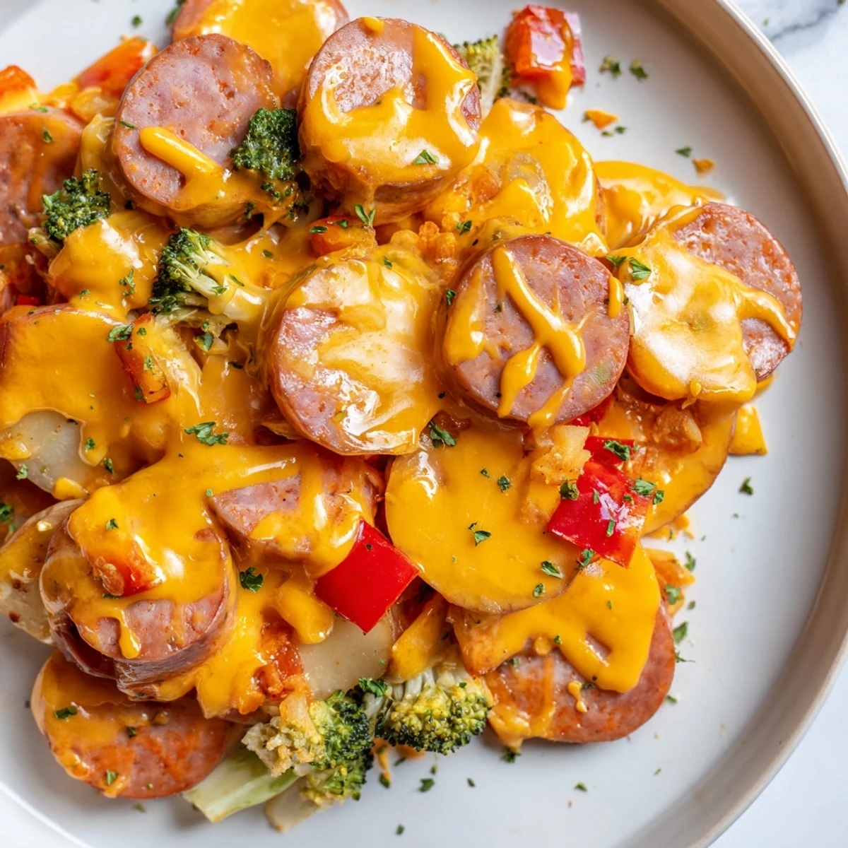 Golden Cheesy Kielbasa Skillet topped with fresh parsley in a cast iron pan