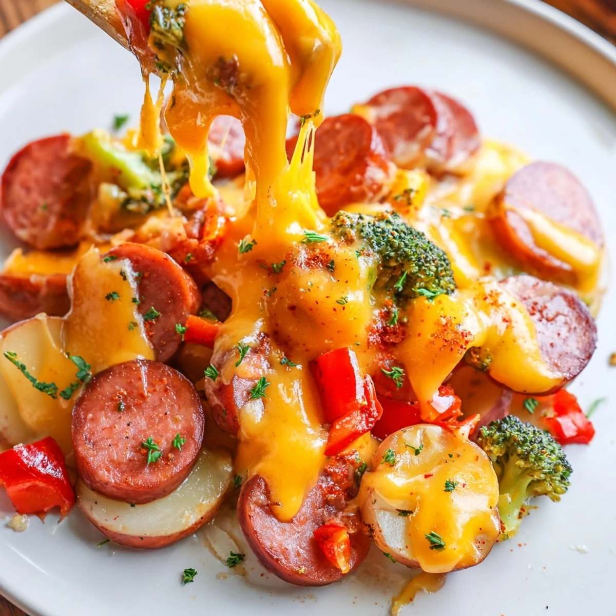 Steaming Cheesy Kielbasa Skillet loaded with colorful bell peppers, broccoli, and gooey cheese