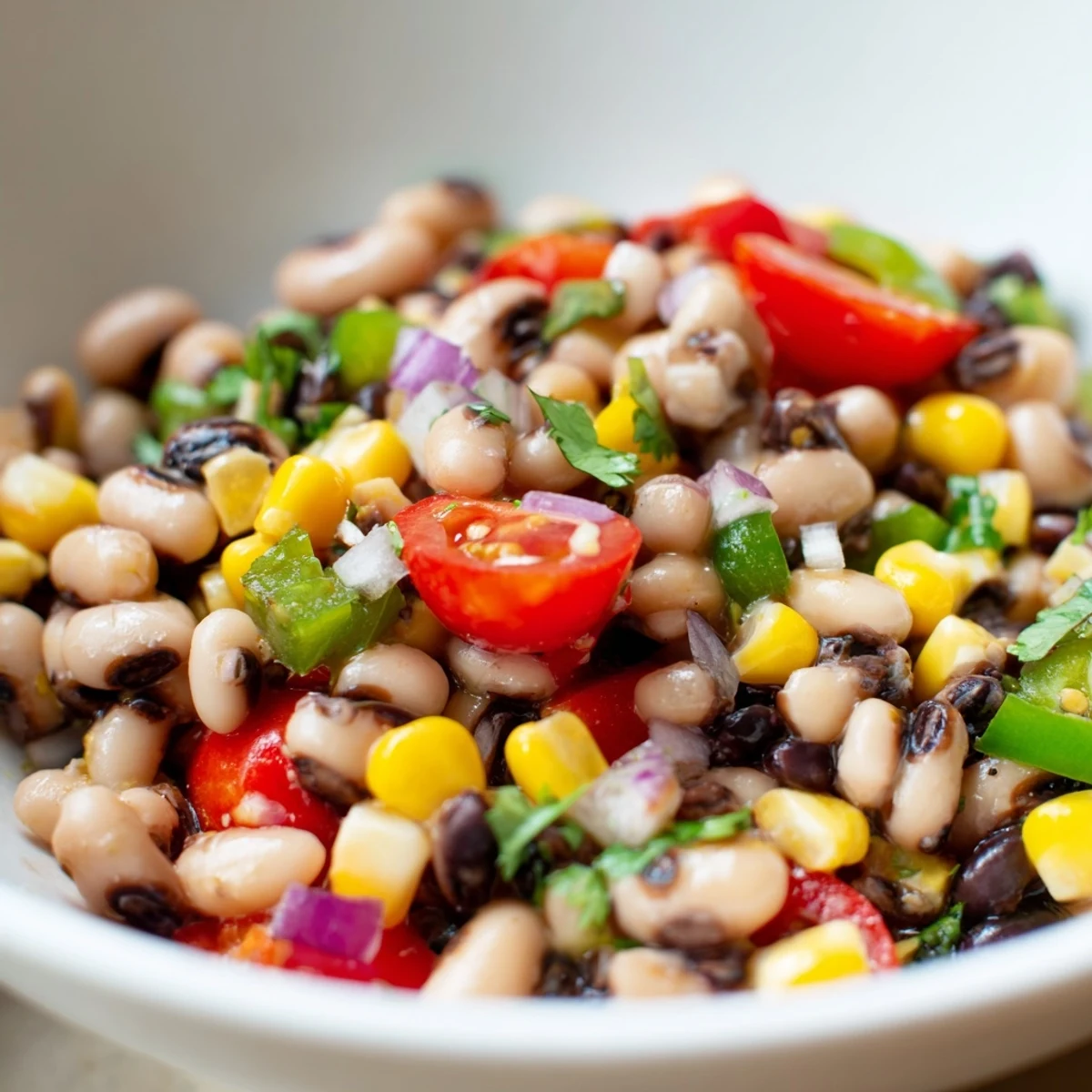 Cowboy Caviar in a rustic bowl with colorful bell peppers and fresh cilantro