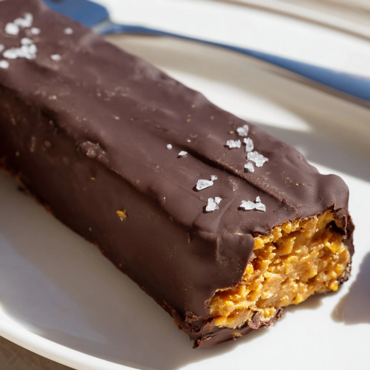 Crunchy healthy homemade Butterfingers coated in glossy dark chocolate on a parchment-lined tray