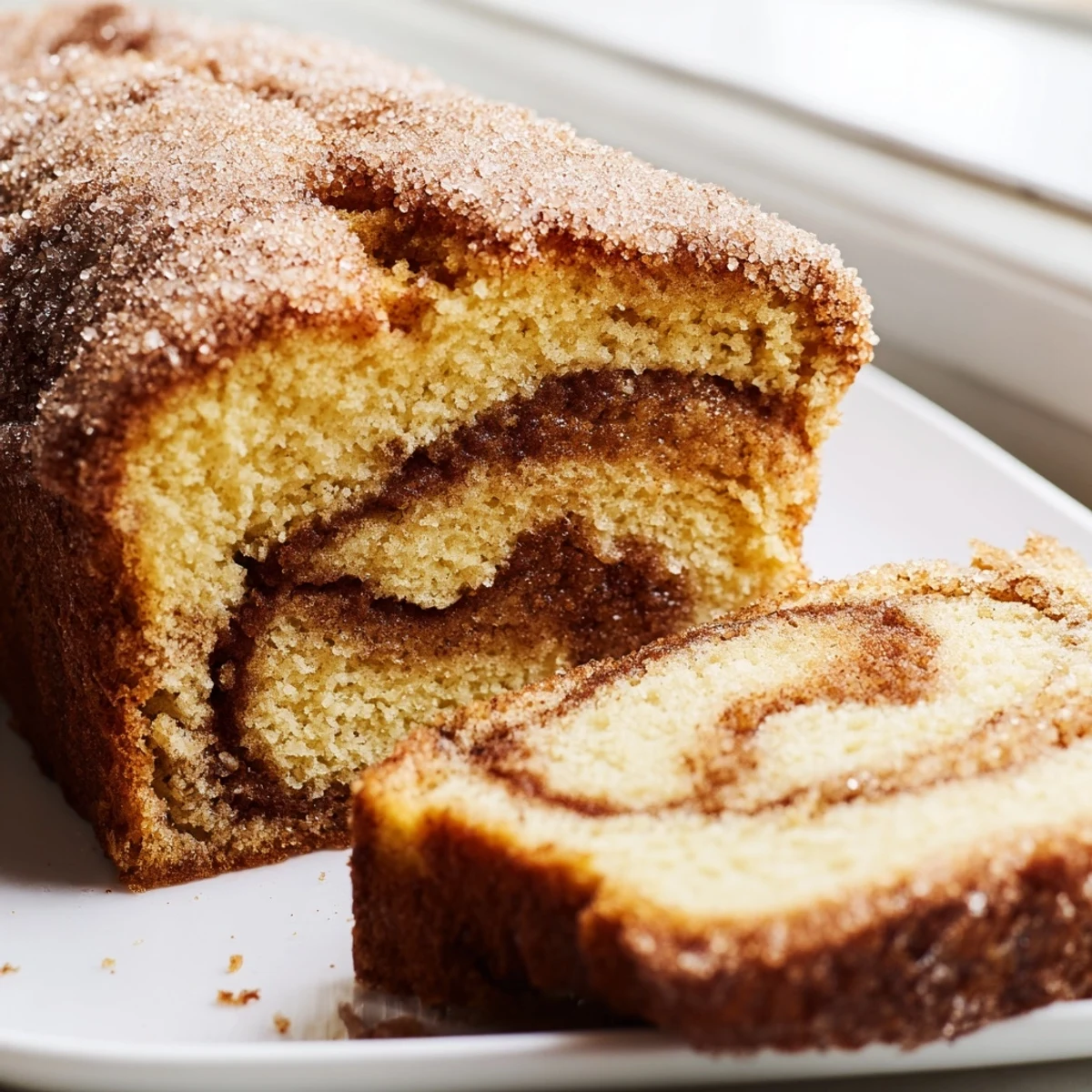 Golden cinnamon donut loaf with a sweet cinnamon sugar crust