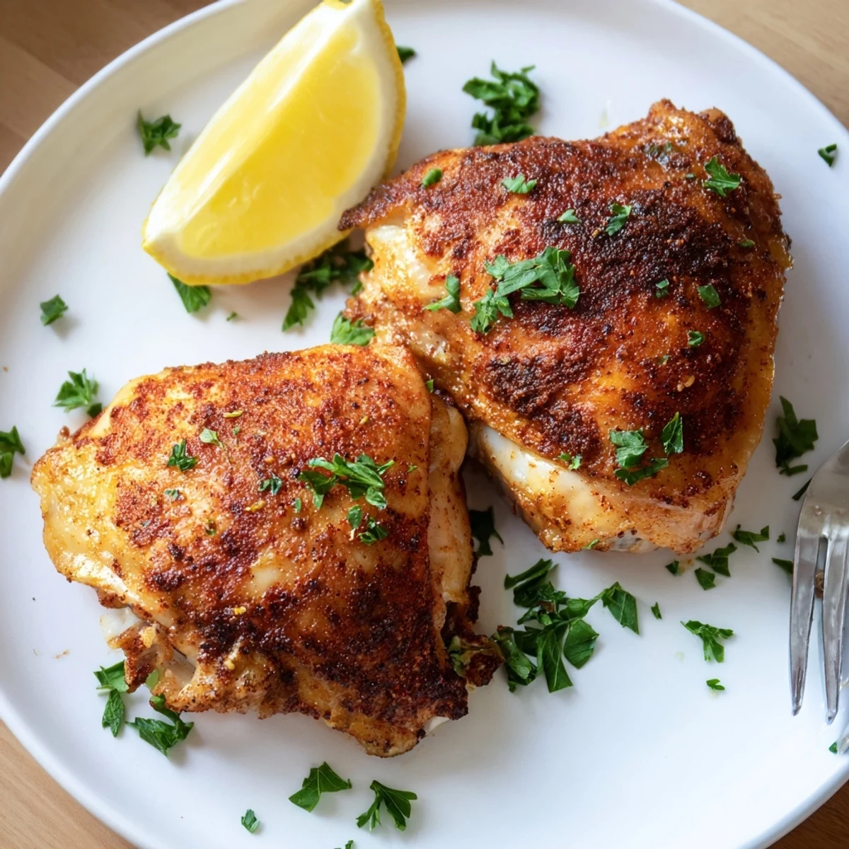 Golden crispy oven baked chicken thighs with herb seasoning on a baking sheet
