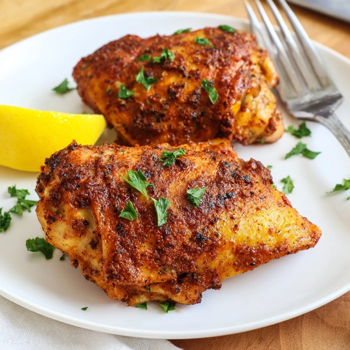 Juicy oven baked chicken thighs garnished with parsley and fresh lemon wedges
