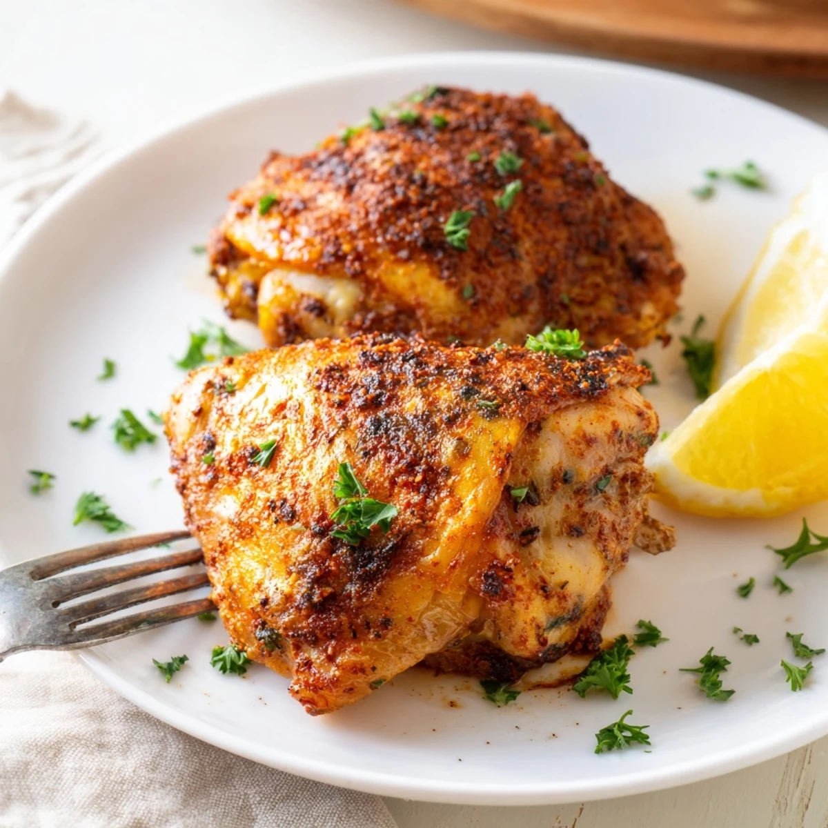 Smoky paprika-rubbed oven baked chicken thighs with perfectly crisp skin served hot